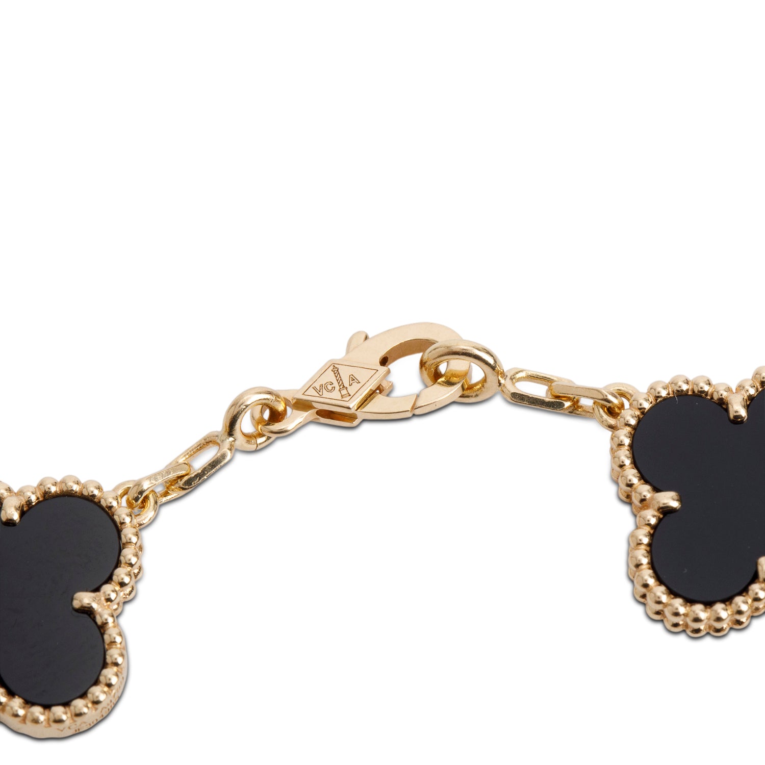 Van Cleef & Arpels 2023 18k Yellow Gold Vintage Alhambra 5 Motif Onyx Bracelet w/ Box & Certificate