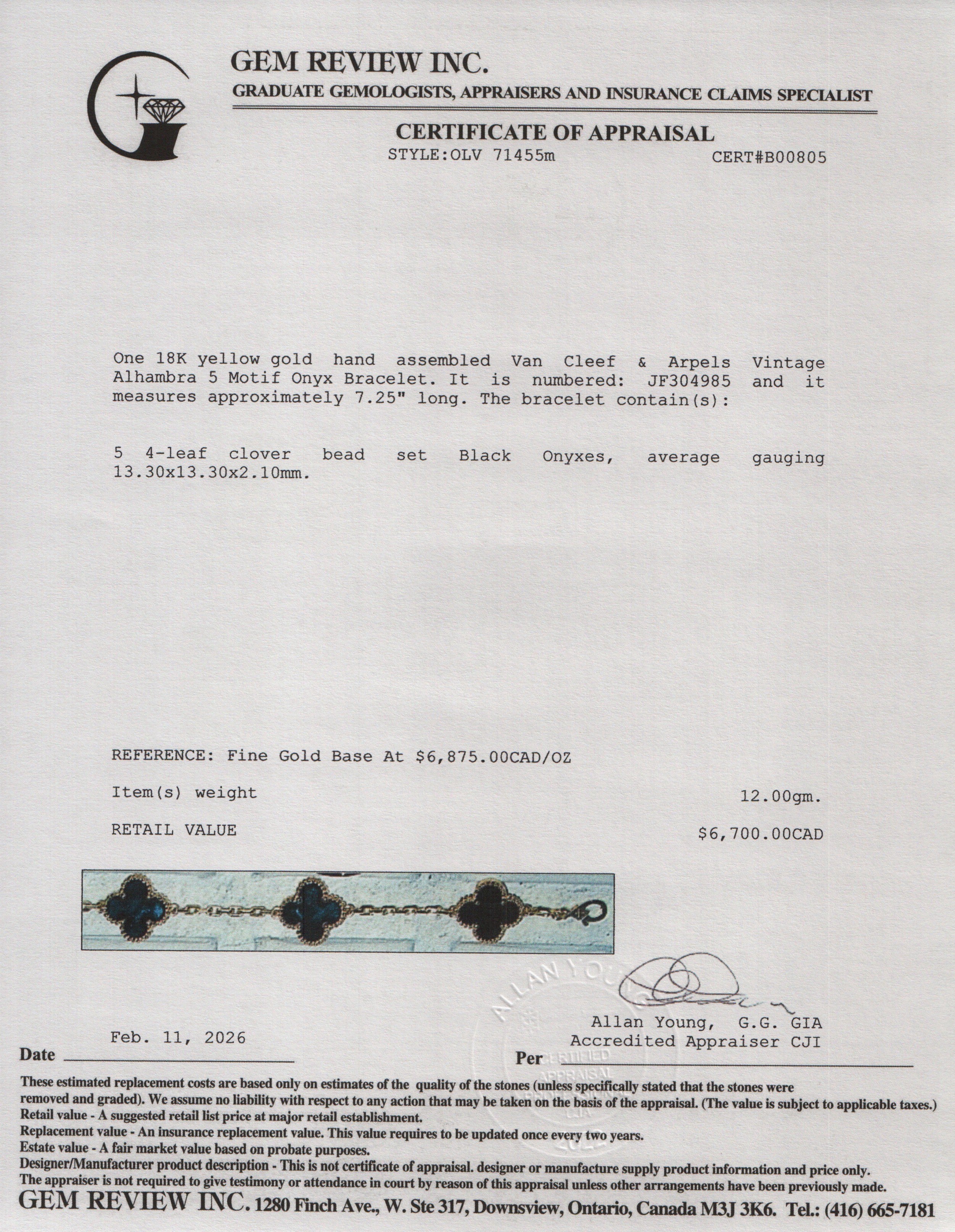Van Cleef & Arpels 2023 18k Yellow Gold Vintage Alhambra 5 Motif Onyx Bracelet w/ Box & Certificate