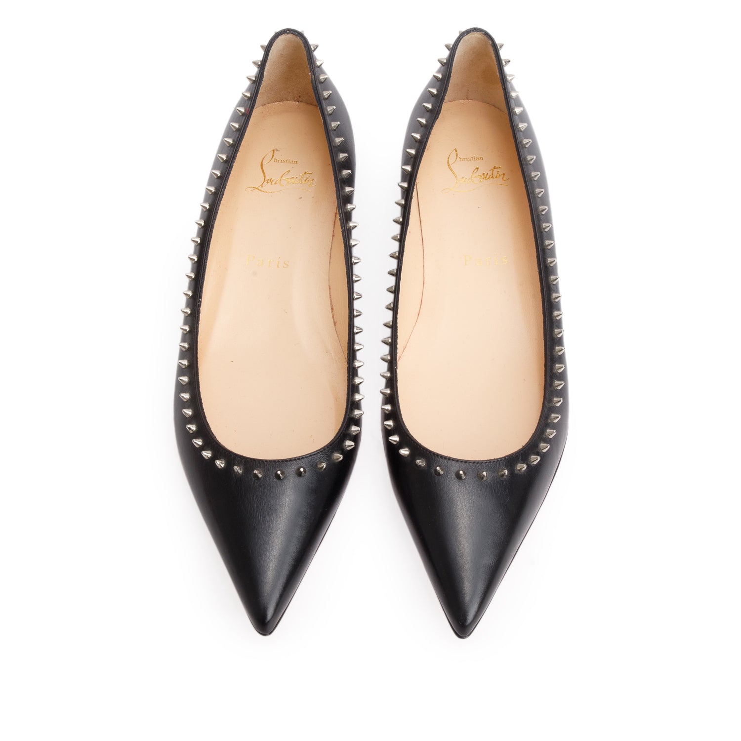 Christian Louboutin Black Nappa Leather Spike Flats, Women's Size 37.5