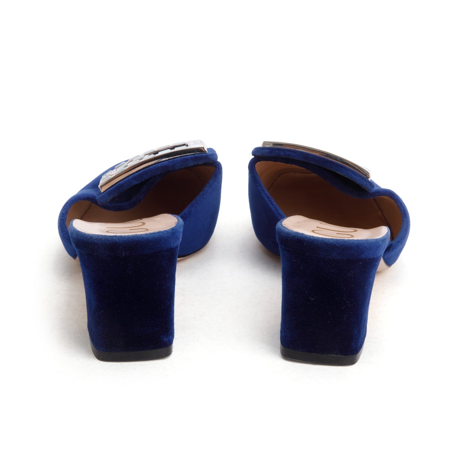 Gucci Blue Velvet Madelyn Crystal Logo Mules Sandals, Women's Size 37.5