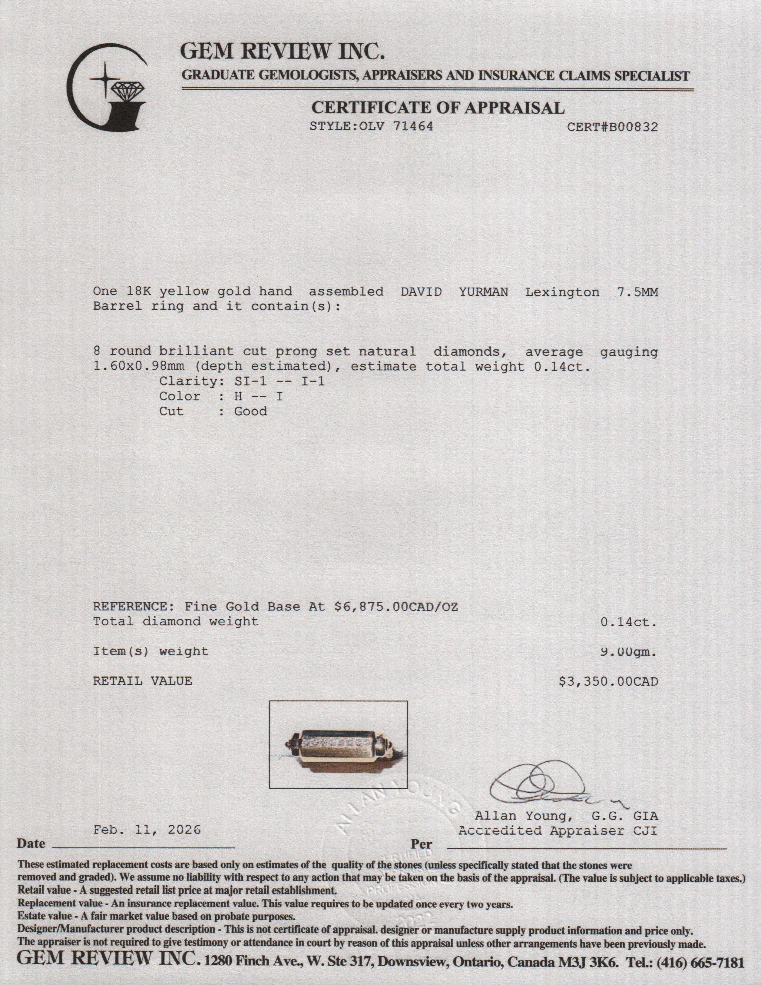 David Yurman 18k Yellow Gold Diamond Lexington 7.5MM Barrel Ring, Size 6 w/ Box