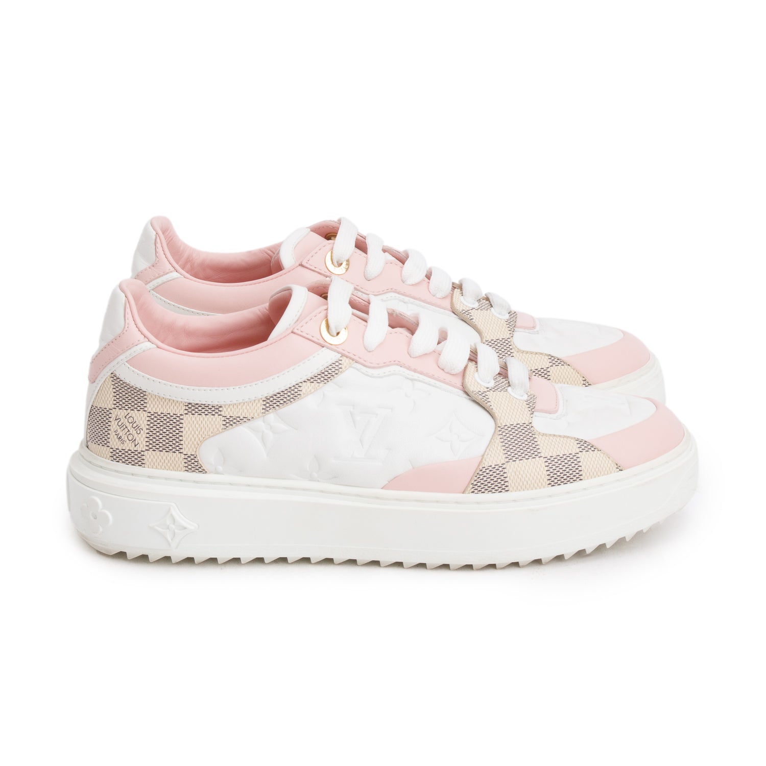 Louis Vuitton White Monogram Embossed Calfskin Damier Azur Time Out Sneakers, Women's Size 39 w/ Box