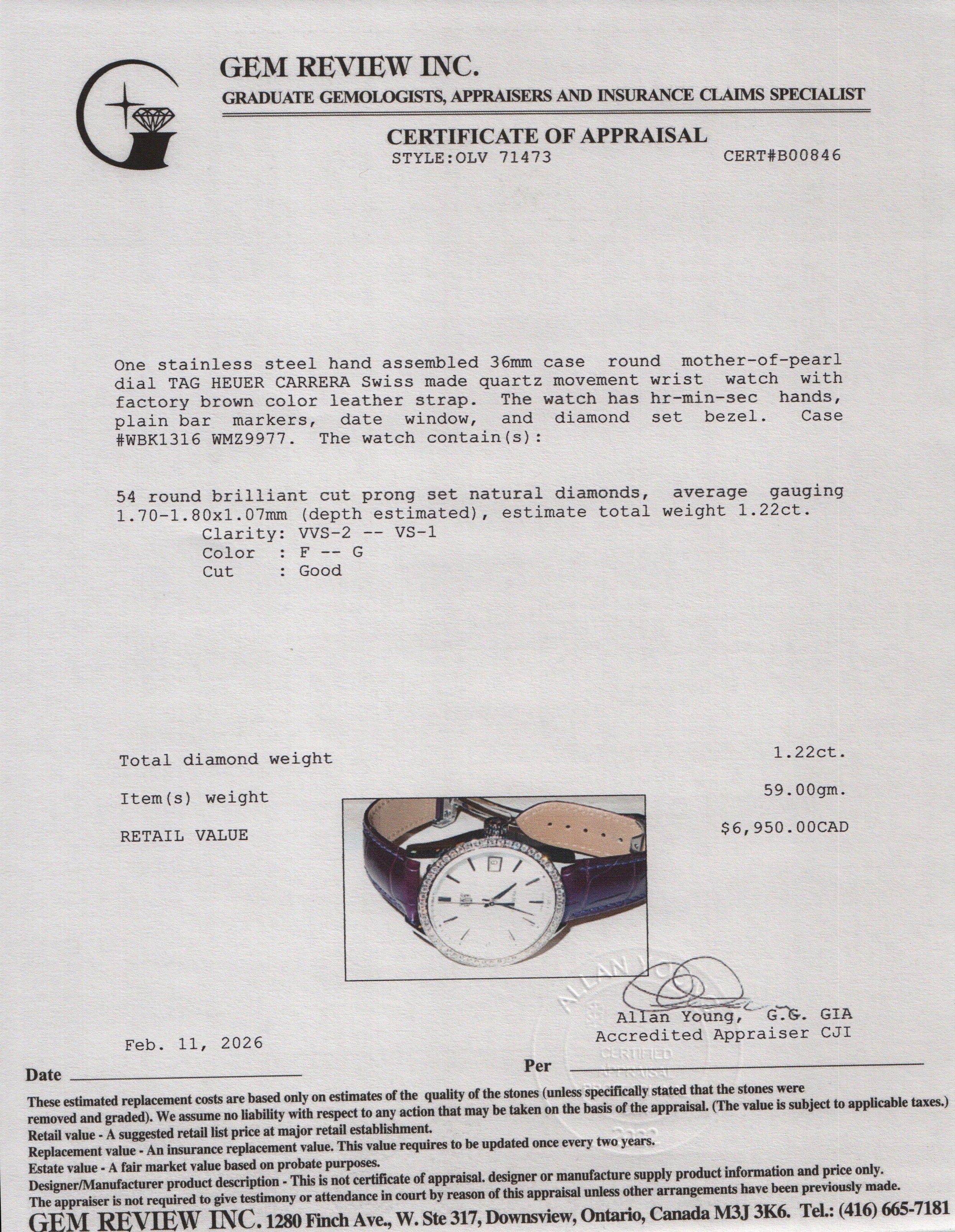 Tag Heuer Stainless Steel Diamond Bezel Carrera 36 MM Quartz Watch Mother of Pearl Dial WBK1316