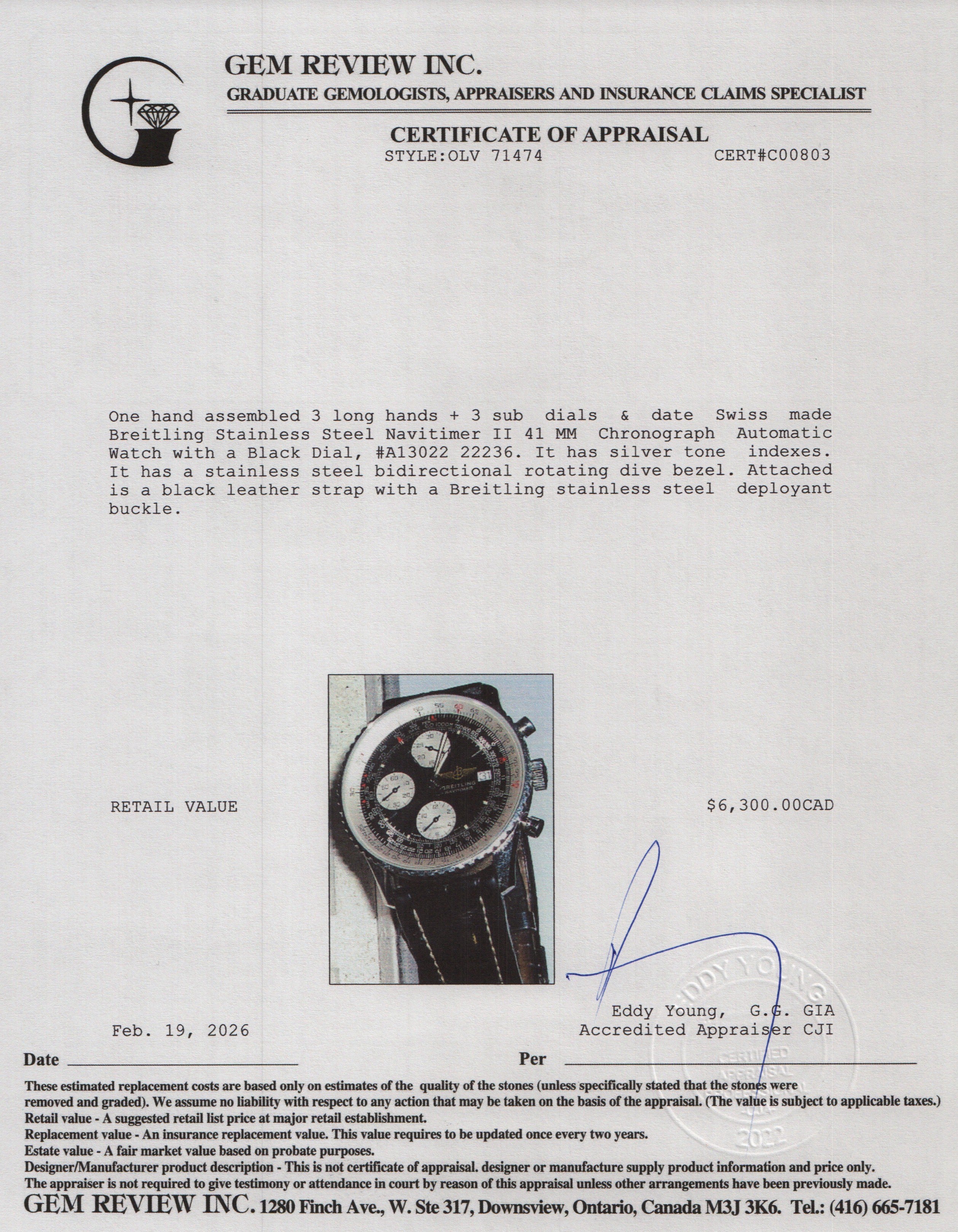 Breitling Stainless Steel Navitimer II 41 MM Chronograph Automatic Watch Black Dial A13022