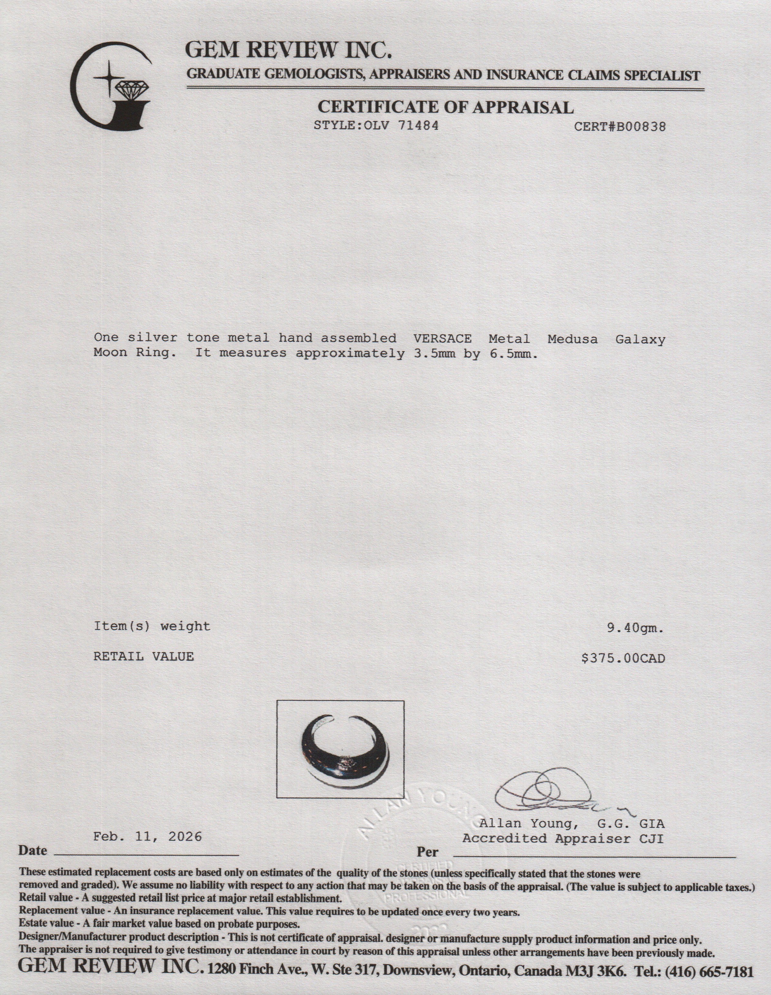 Versace Silver Tone Metal Medusa Galaxy Moon Ring, Size 8.5