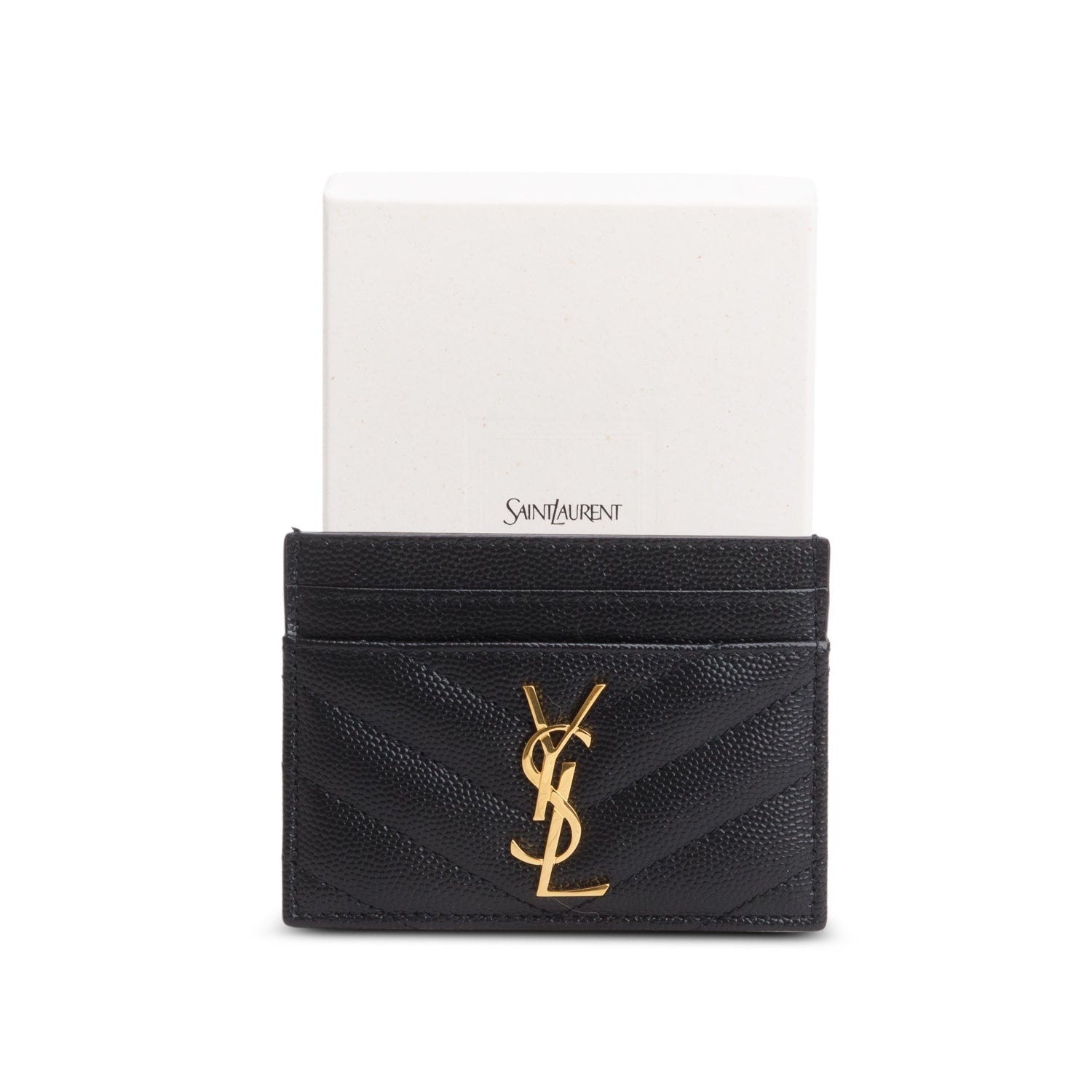 Saint Laurent 2025 Black Grain de Poudre Chevron Cassandre Card Holder w/ Box & Receipt