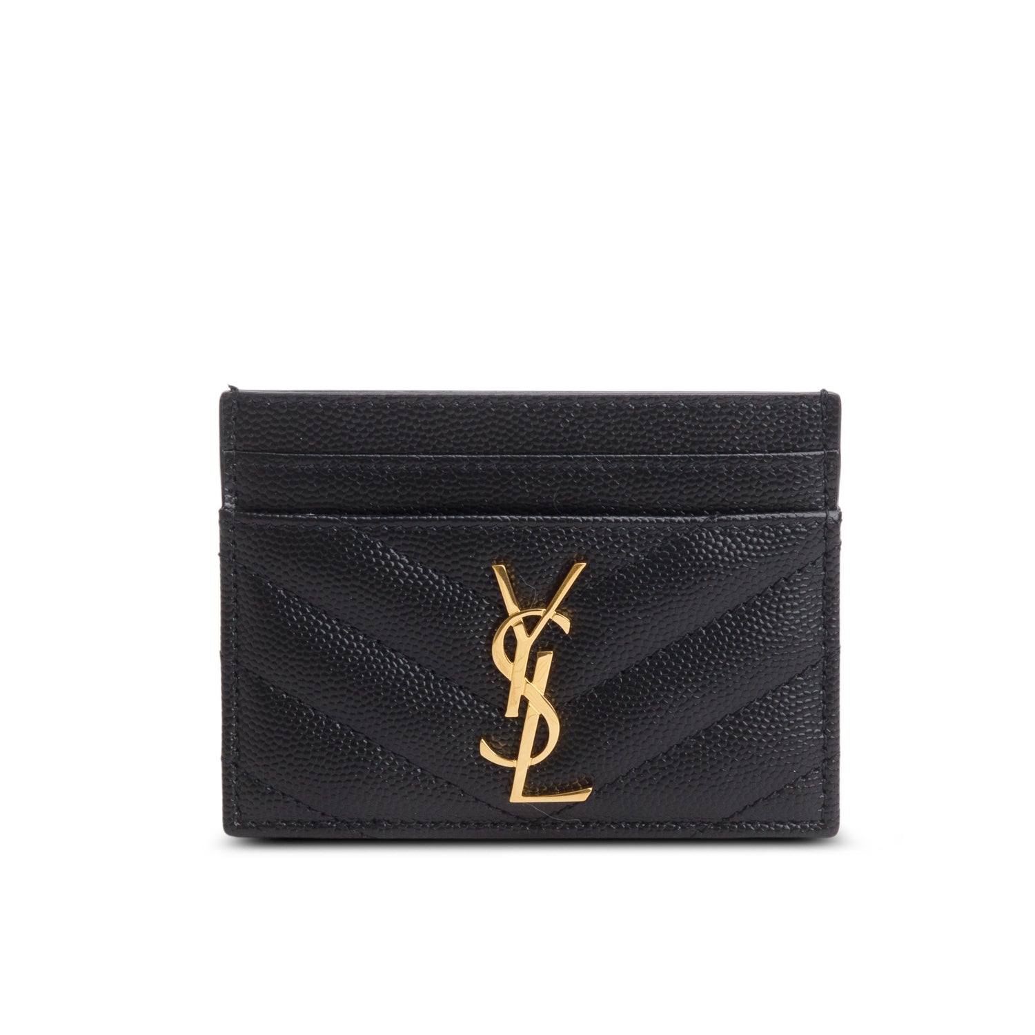 Saint Laurent 2025 Black Grain de Poudre Chevron Cassandre Card Holder w/ Box & Receipt