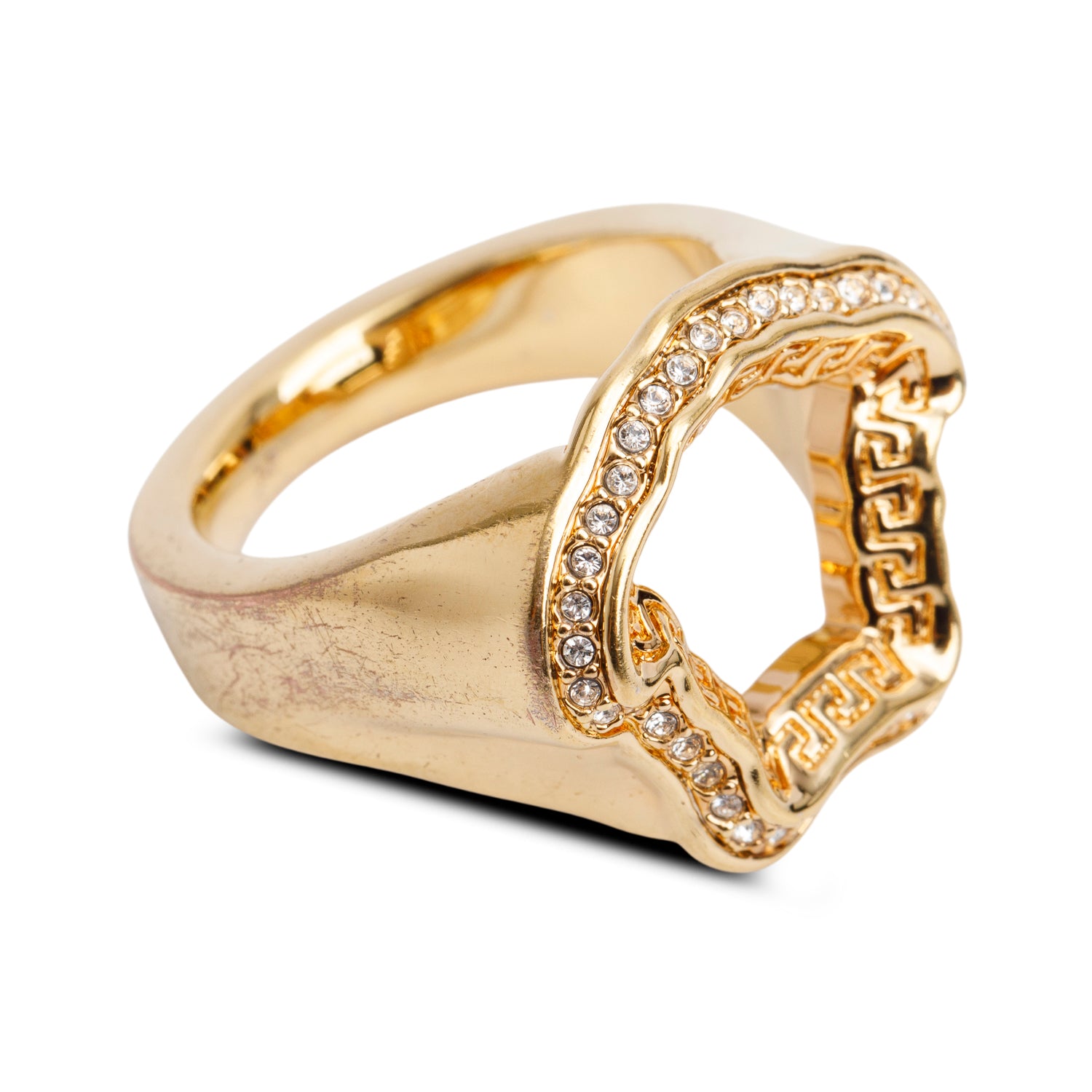 Versace Gold-Plated Metal Crystal La Medusa Curve Ring, Size 8.5