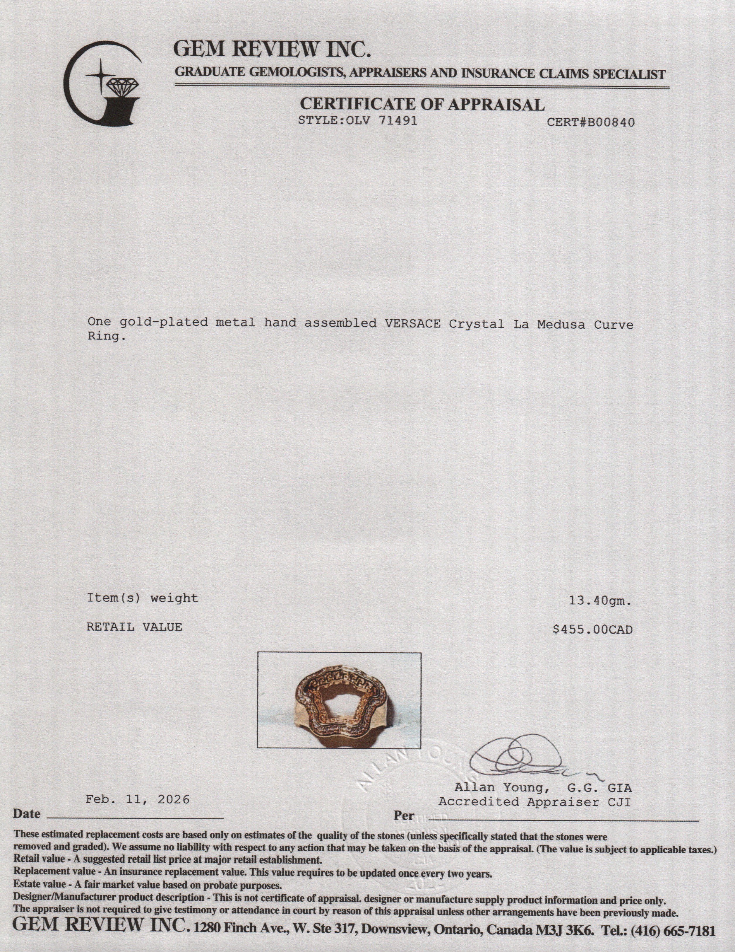 Versace Gold-Plated Metal Crystal La Medusa Curve Ring, Size 8.5