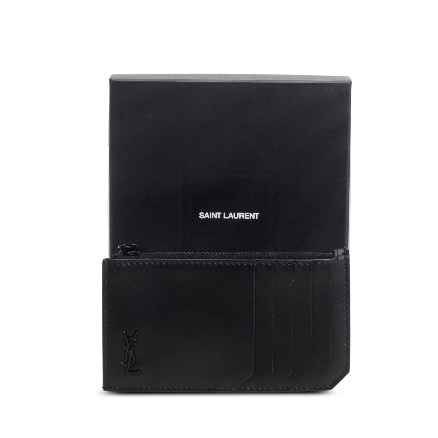 Saint Laurent 2020 So Black Calfskin Tiny Cassandre Fragments Zipped Card Case w/ Box