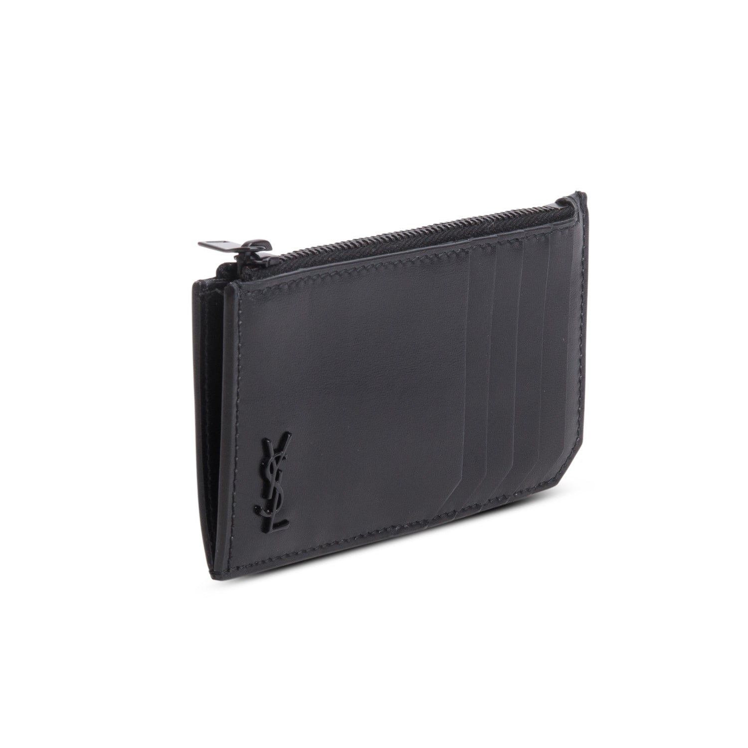 Saint Laurent 2020 So Black Calfskin Tiny Cassandre Fragments Zipped Card Case w/ Box