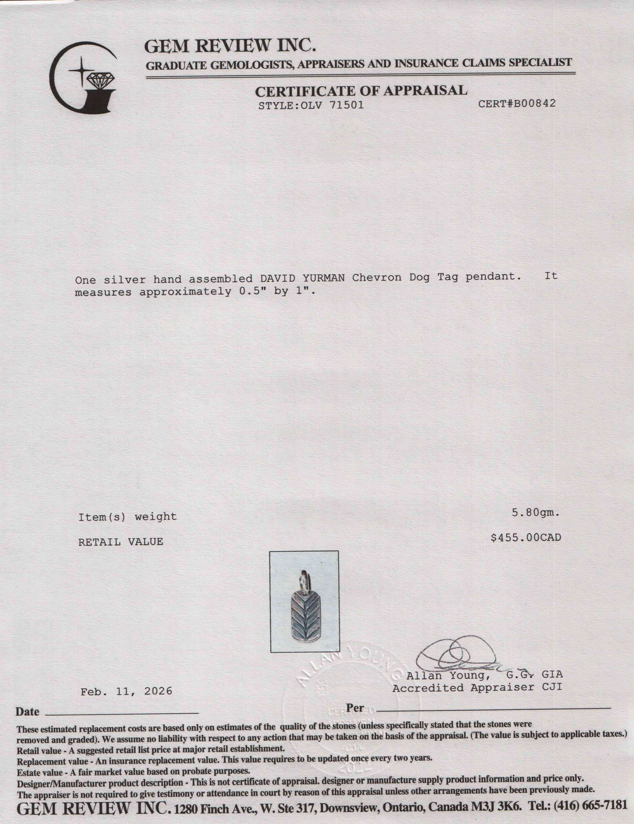 David Yurman Sterling Silver Chevron Dog Tag Pendant