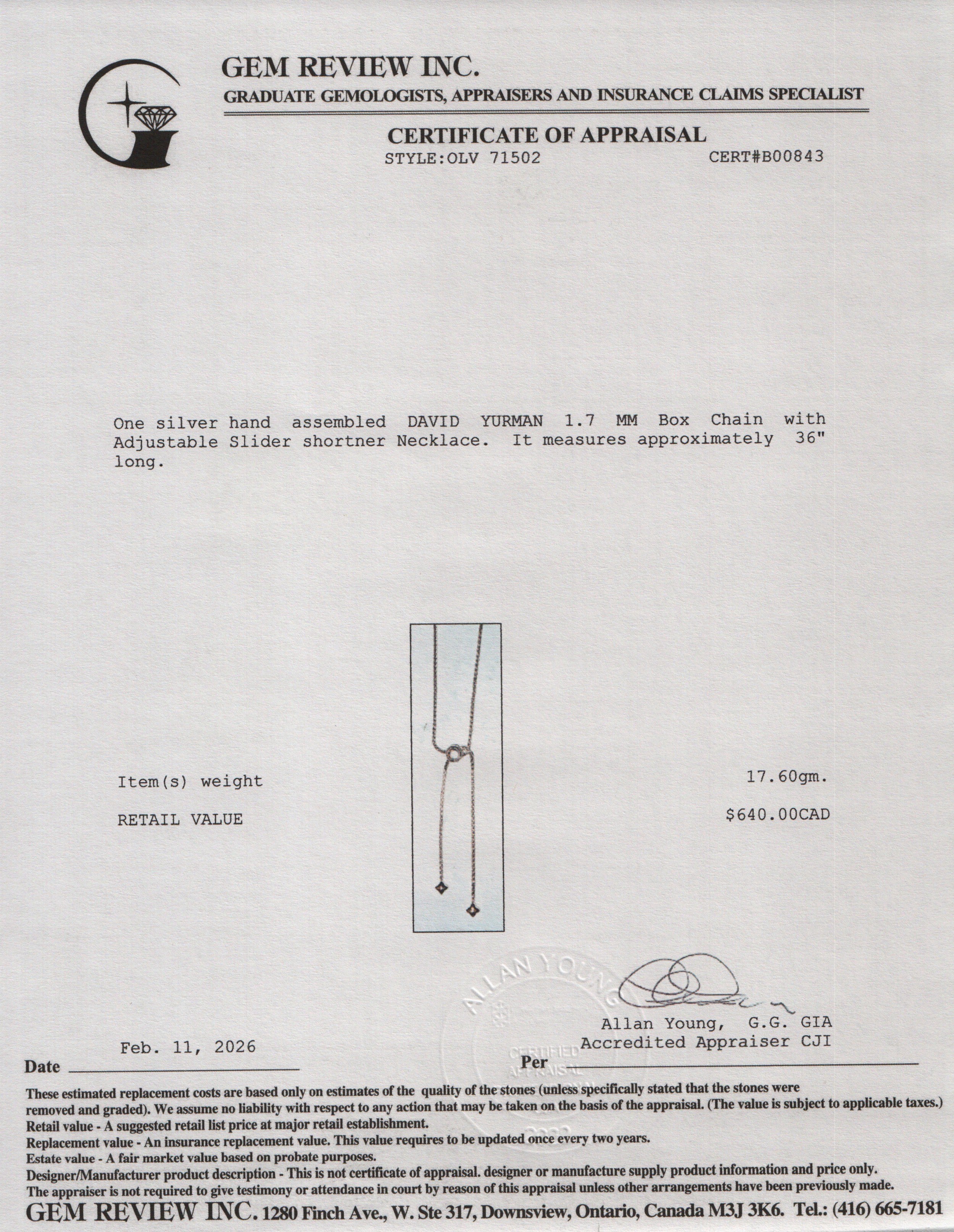 David Yurman Sterling Silver 1.7 MM Box Chain Adjustable Slider Necklace