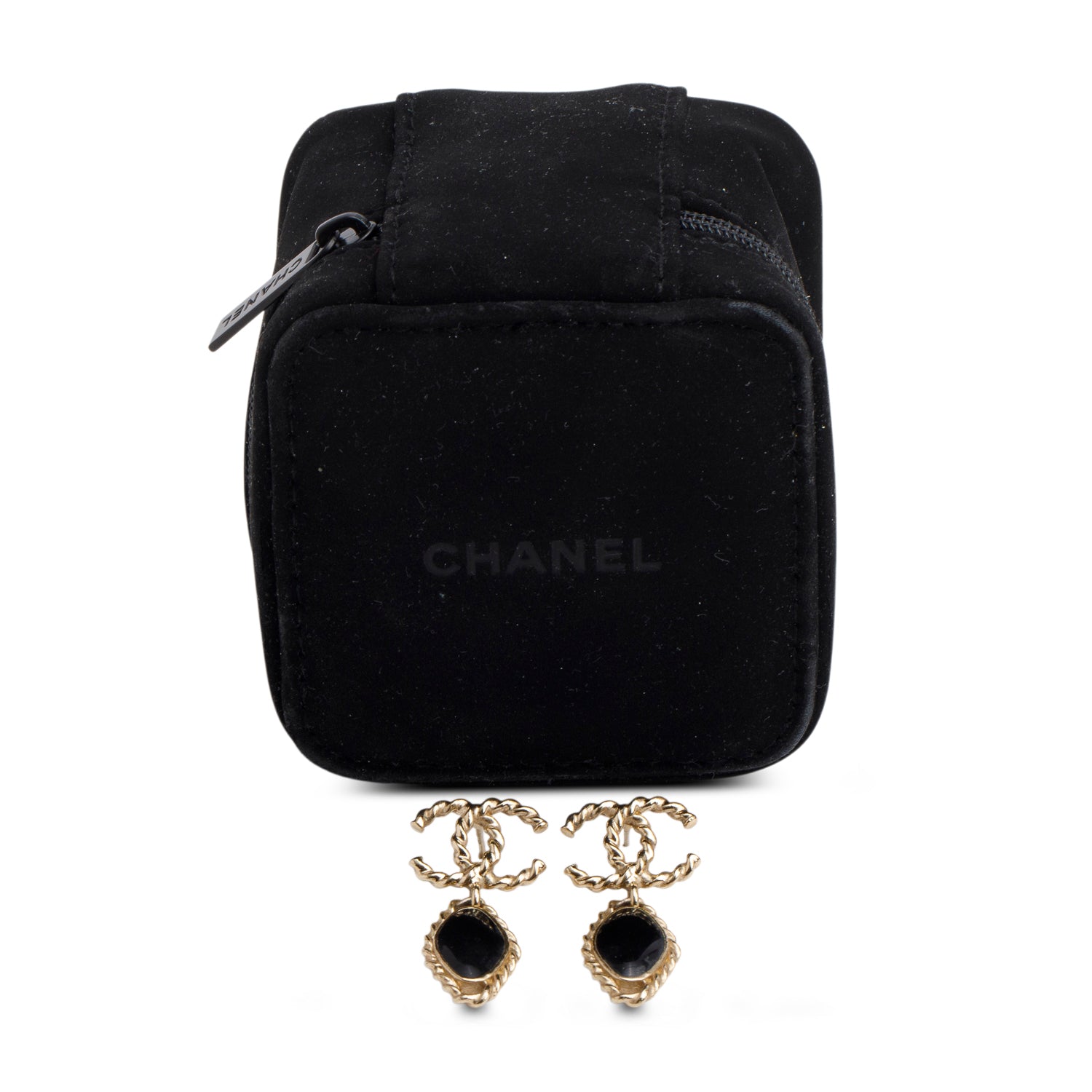 Chanel 2024 Gold-Plated Black Gripoix Glass CC Drop Earrings w/ Box