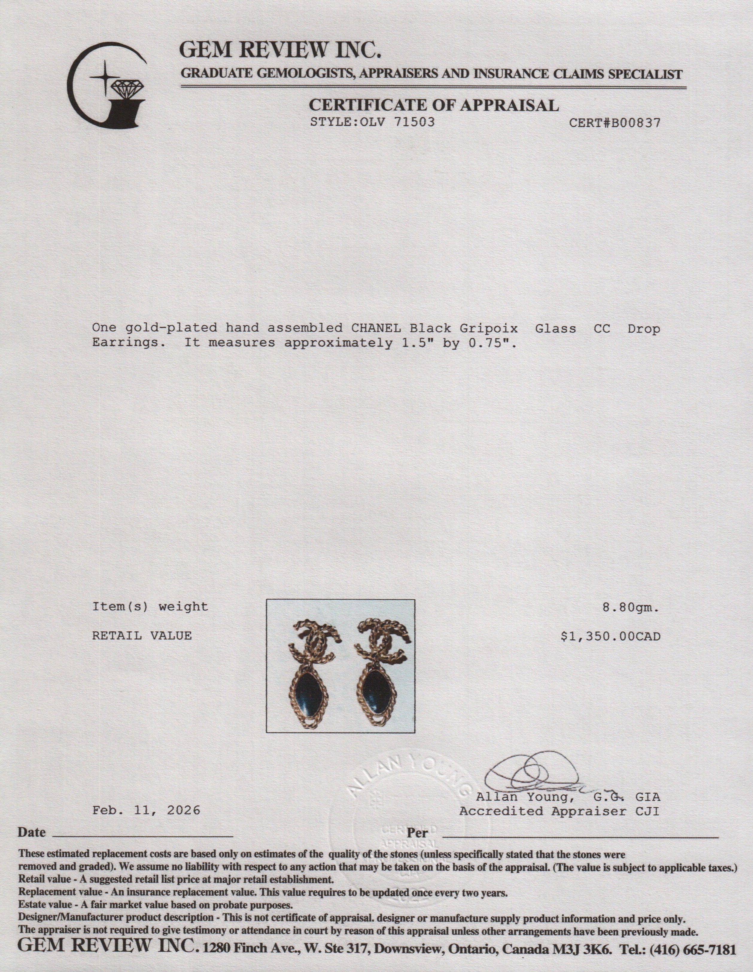 Chanel 2024 Gold-Plated Black Gripoix Glass CC Drop Earrings w/ Box