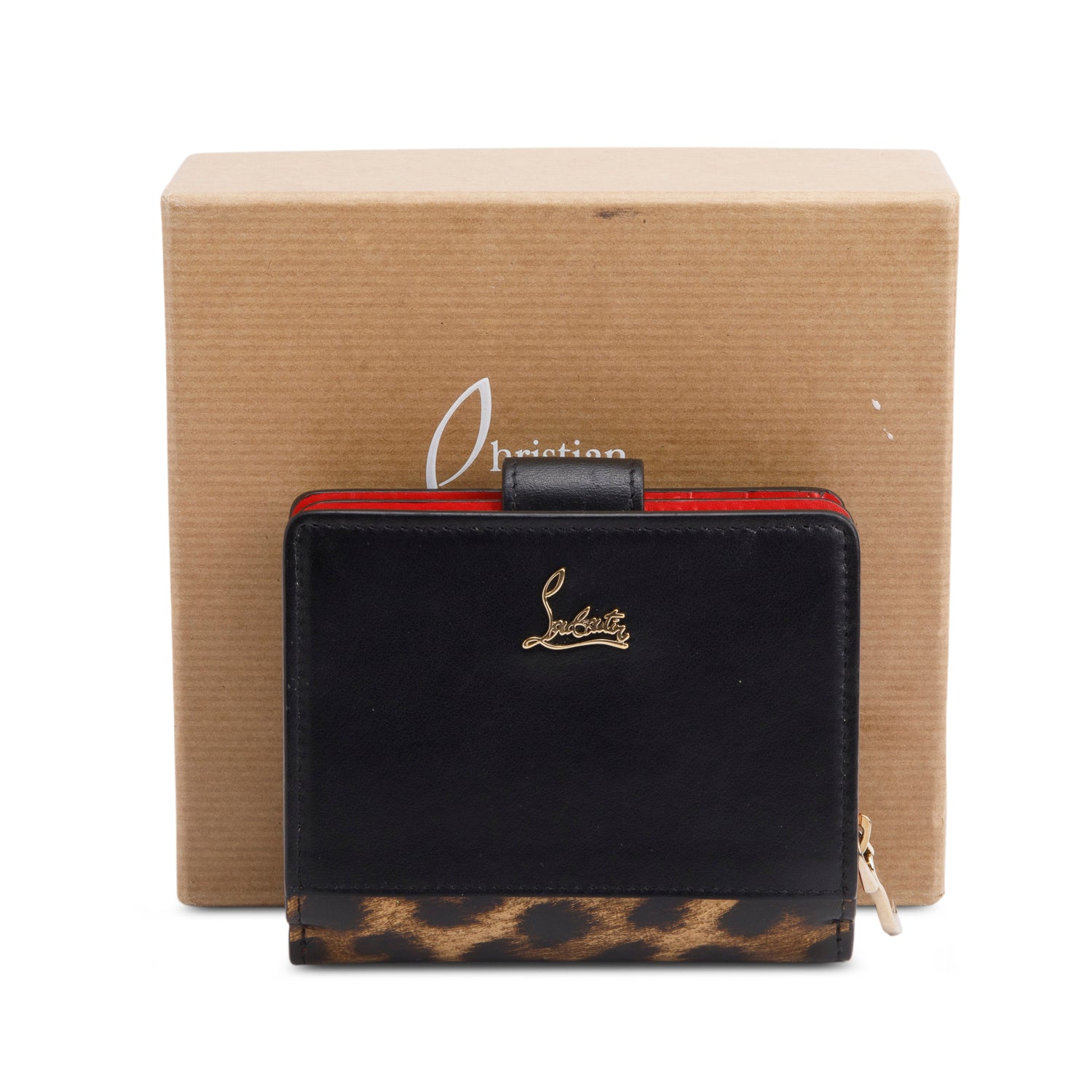 Christian Louboutin Black Calfskin & Leopard Print Patent Leather Mini Paloma Wallet w/ Box