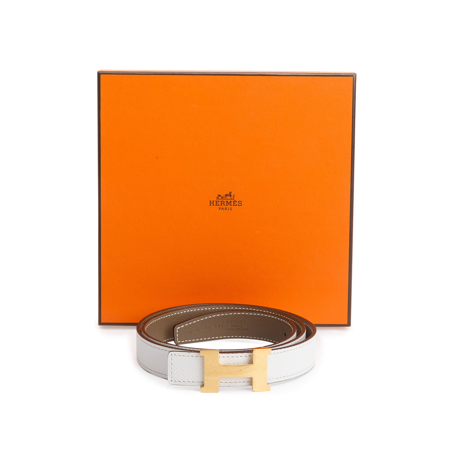 Hermes Blanc Etoupe Swift Epsom Leather Reversible 24mm H Belt, Size 85