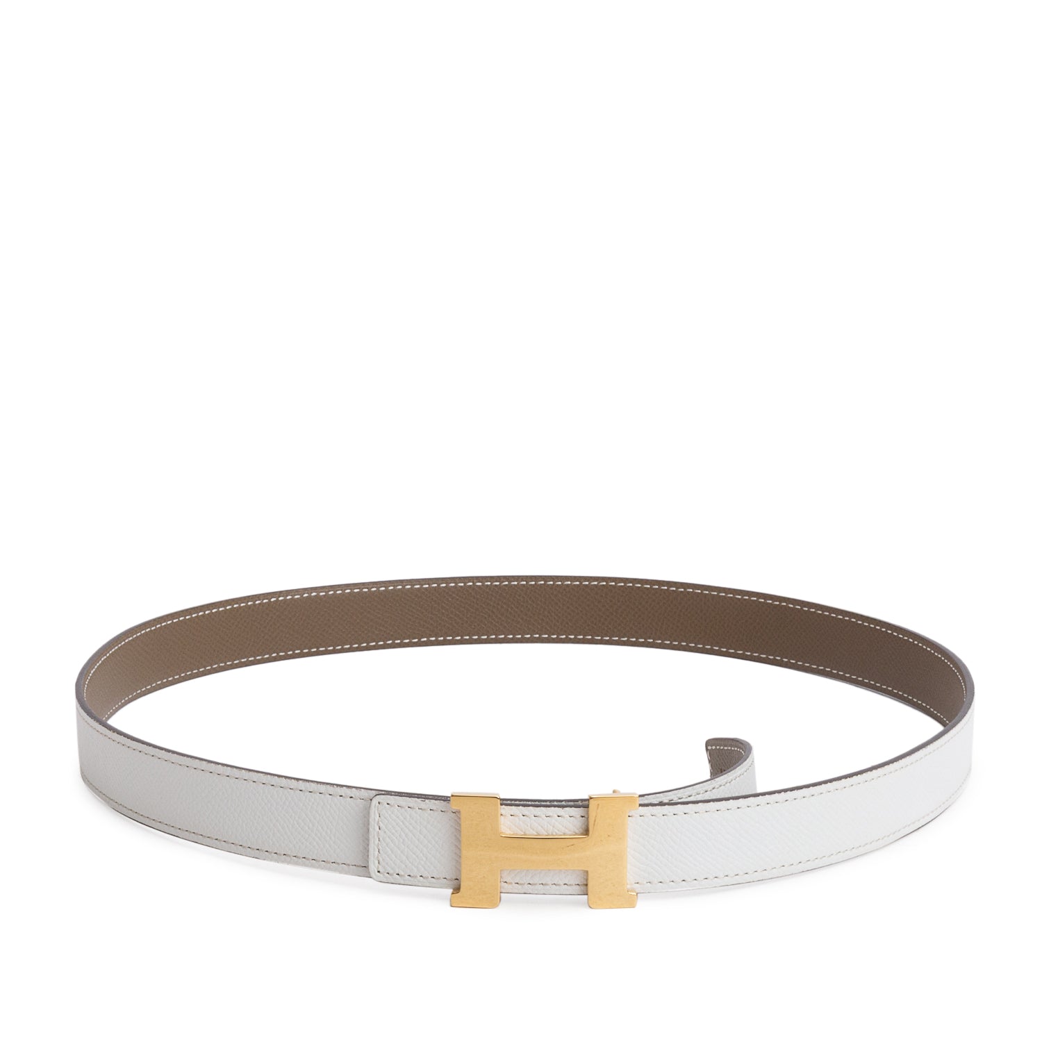 Hermes Blanc Etoupe Swift Epsom Leather Reversible 24mm H Belt, Size 85