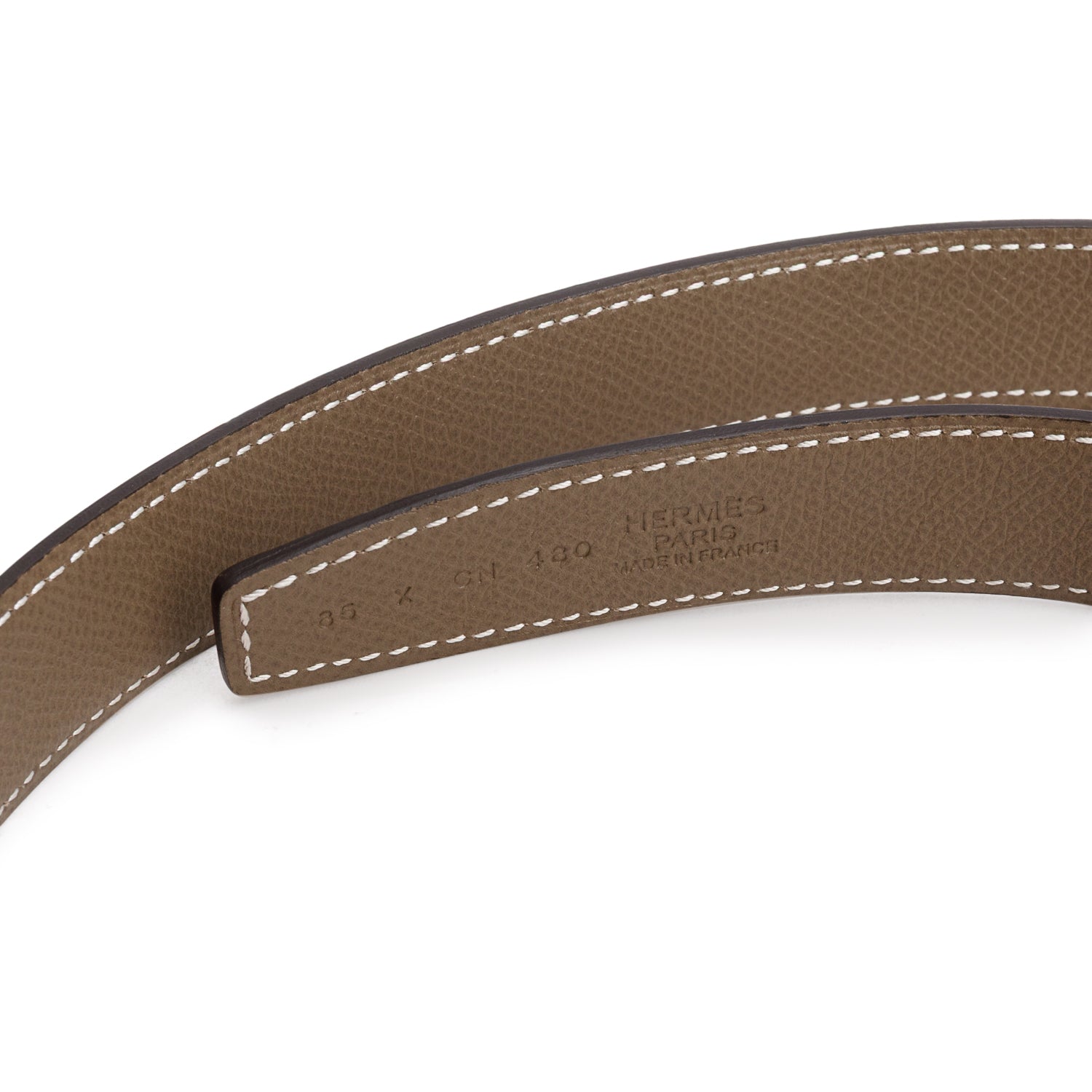Hermes Blanc Etoupe Swift Epsom Leather Reversible 24mm H Belt, Size 85