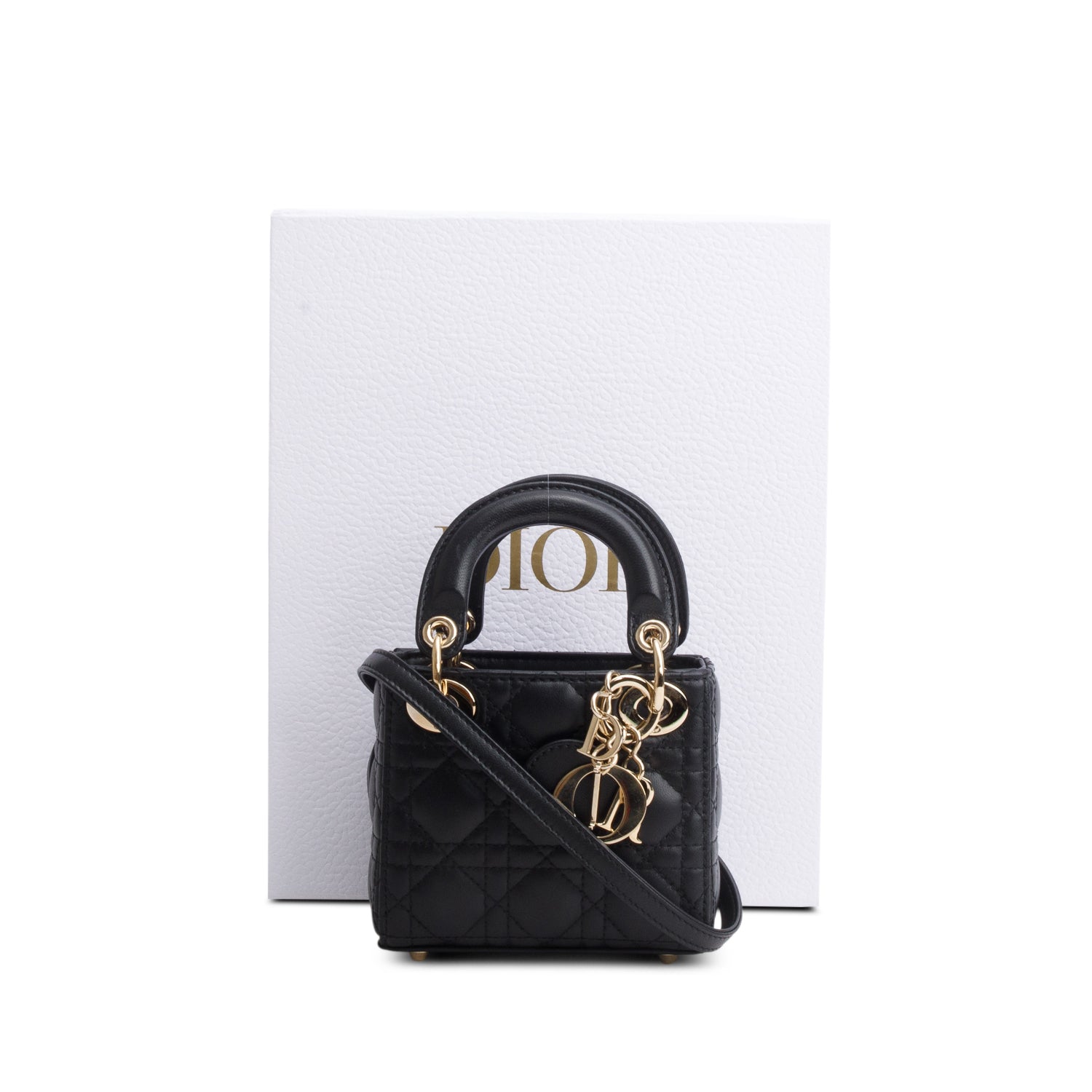 Christian Dior 2023 Black Lambskin Cannage Micro Lady Dior w/ Box, Strap & Authenticity Card