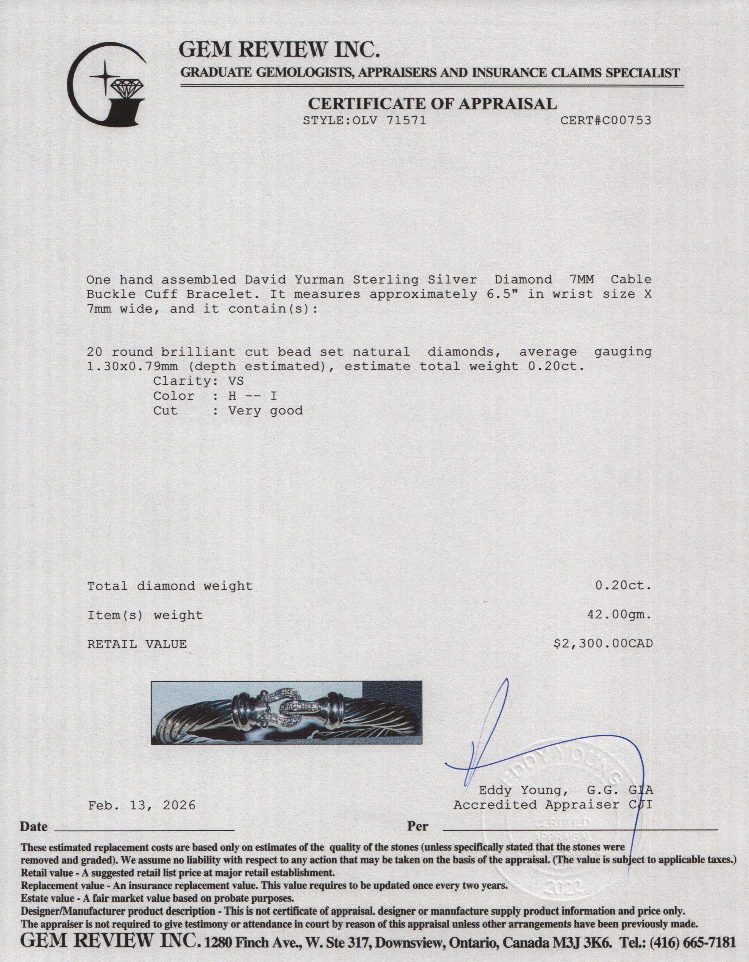 David Yurman Sterling Silver Diamond 7 MM Cable Buckle Cuff Bracelet