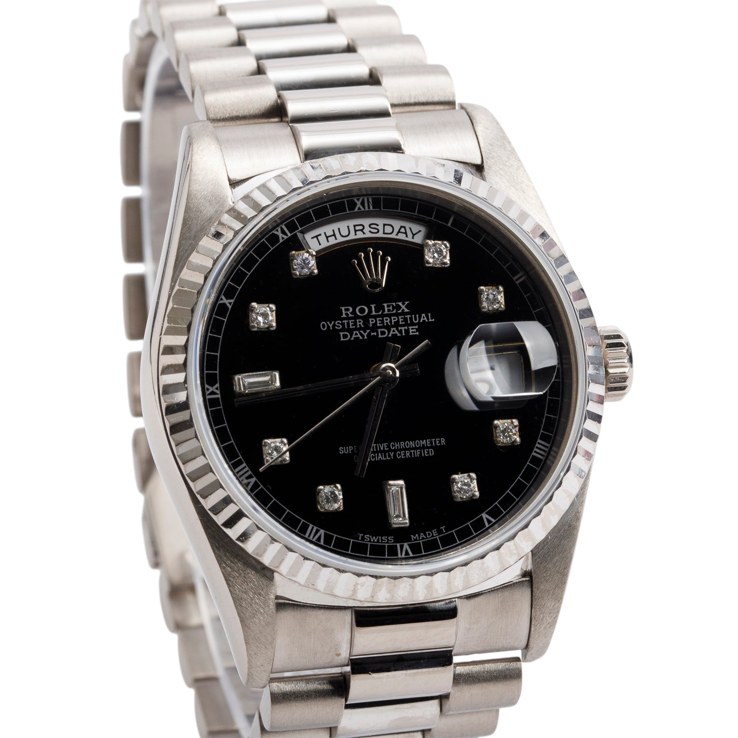 Rolex 18k White Gold Day Date 36 MM President Watch Black Diamond Dial 18239