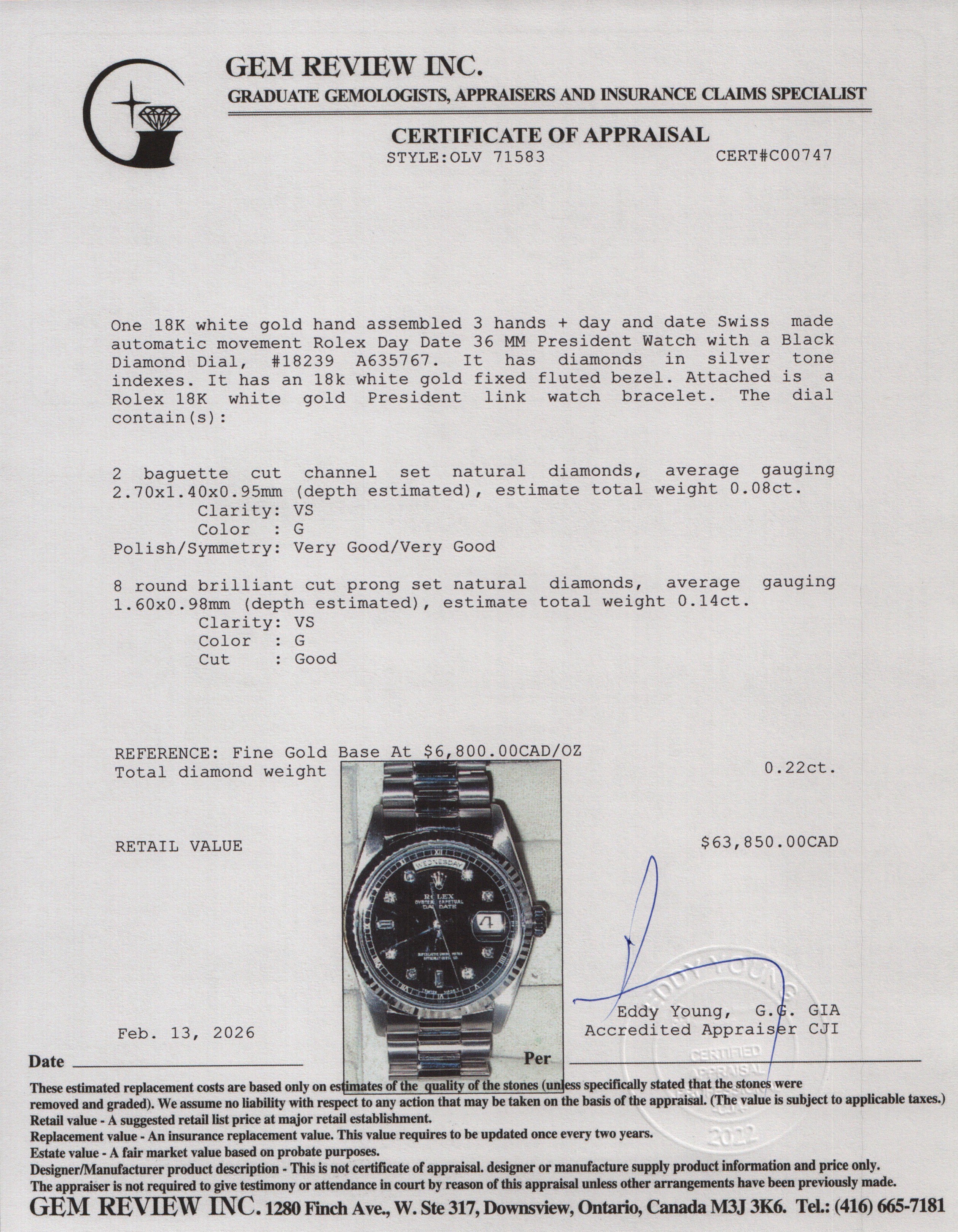 Rolex 18k White Gold Day Date 36 MM President Watch Black Diamond Dial 18239