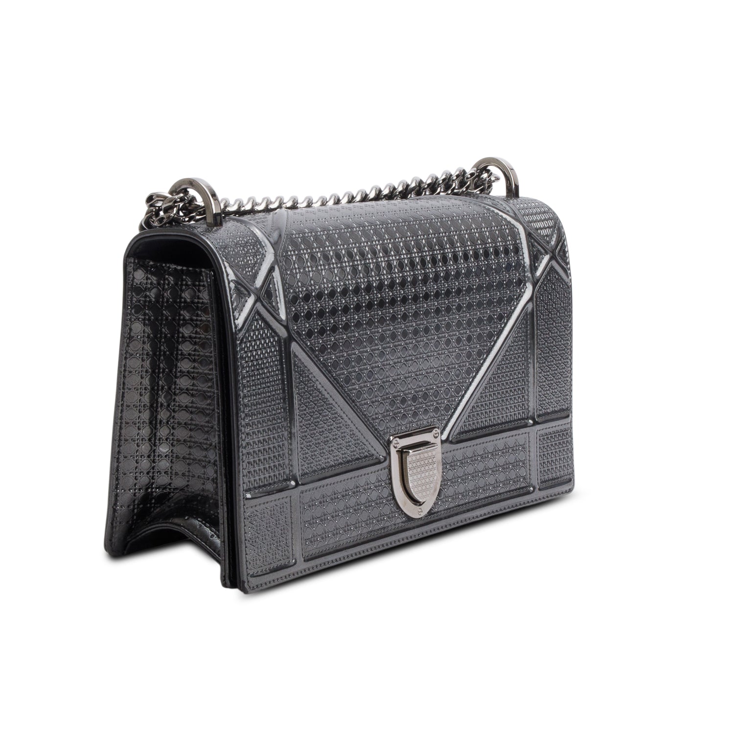 Christian Dior Grey Metallic Patent Micro-Cannage Medium Diorama Flap Bag