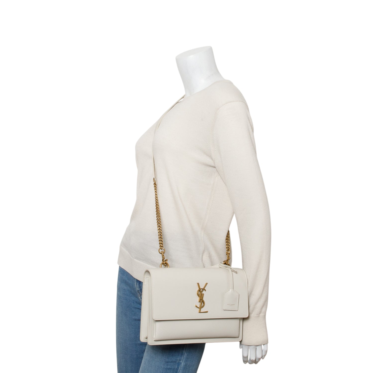 Saint Laurent 2021 Cream Smooth Calfskin Medium Monogram Sunset Satchel