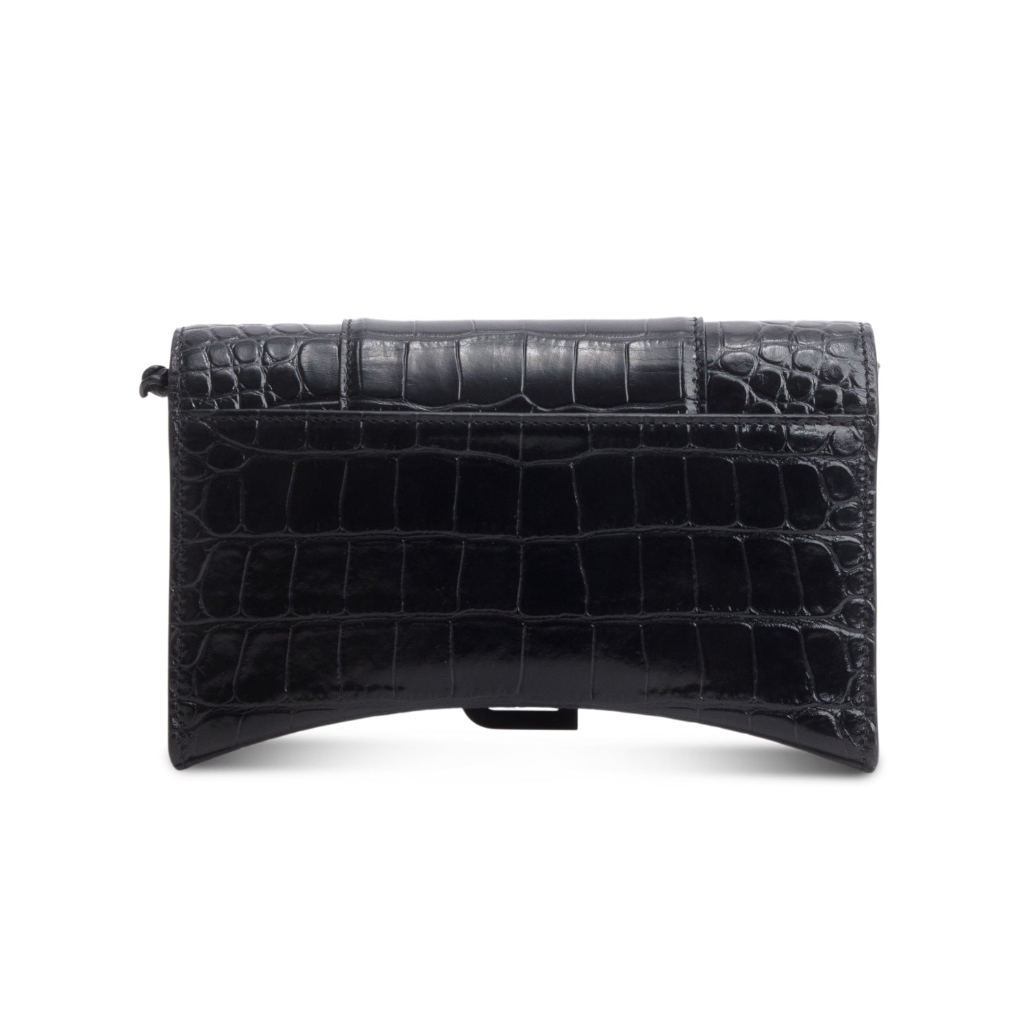 Balenciaga Black Shiny Croc Embossed Calfskin Monochrome Hourglass Wallet on Chain