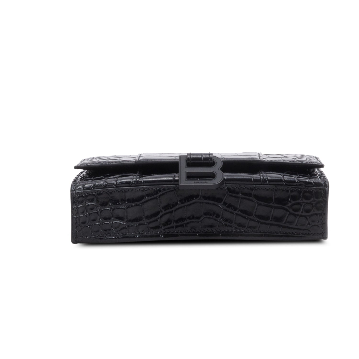Balenciaga Black Shiny Croc Embossed Calfskin Monochrome Hourglass Wallet on Chain