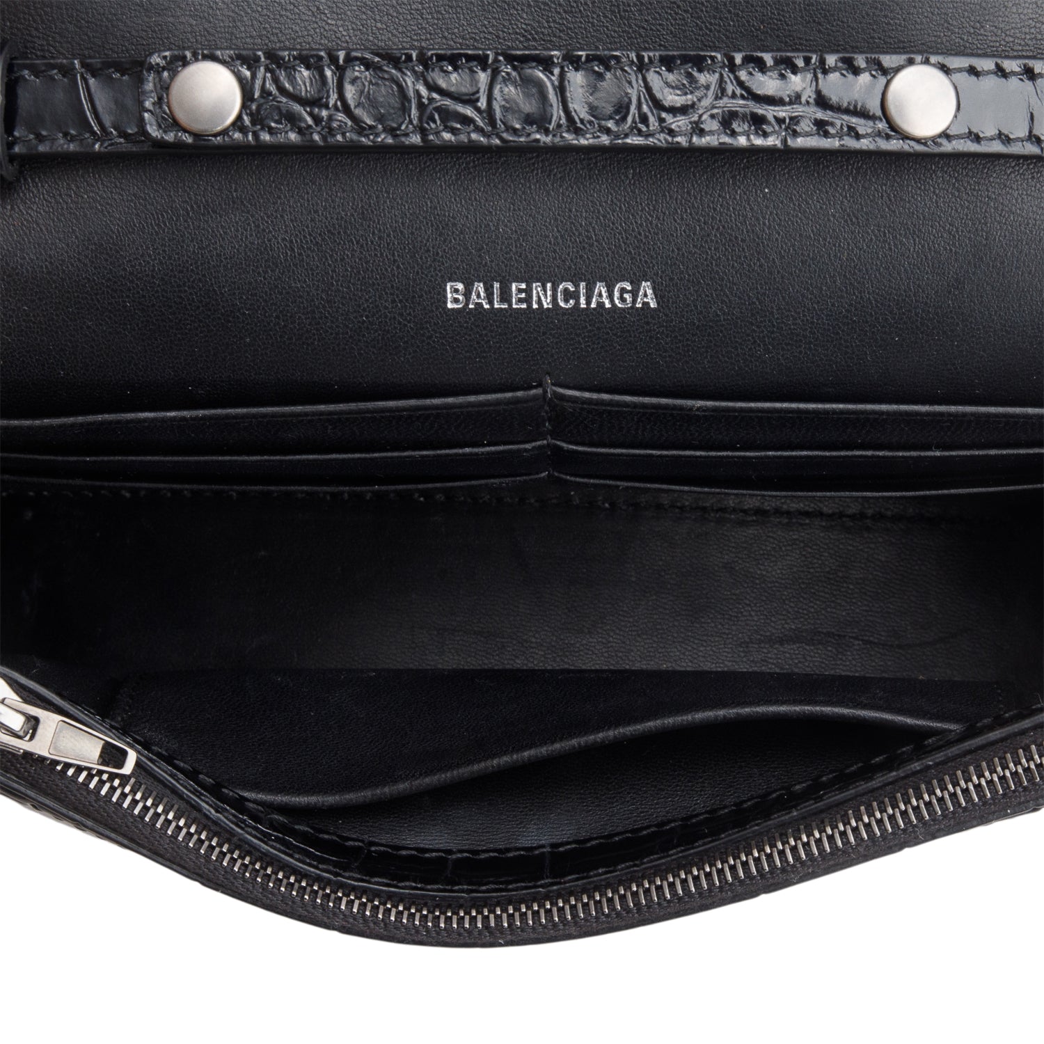 Balenciaga Black Shiny Croc Embossed Calfskin Monochrome Hourglass Wallet on Chain