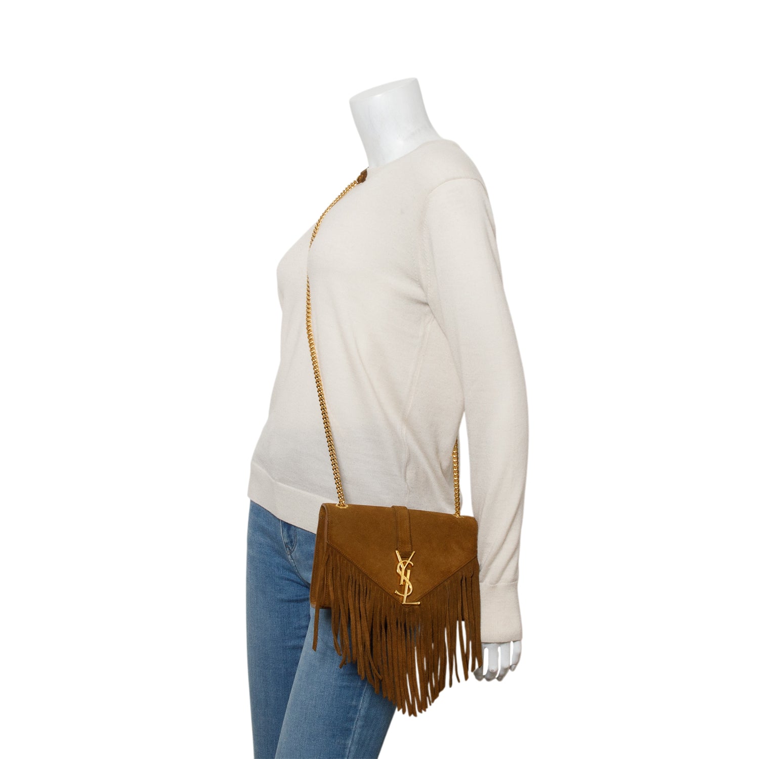 Saint Laurent Brown Suede Fringe Baby Monogram Satchel