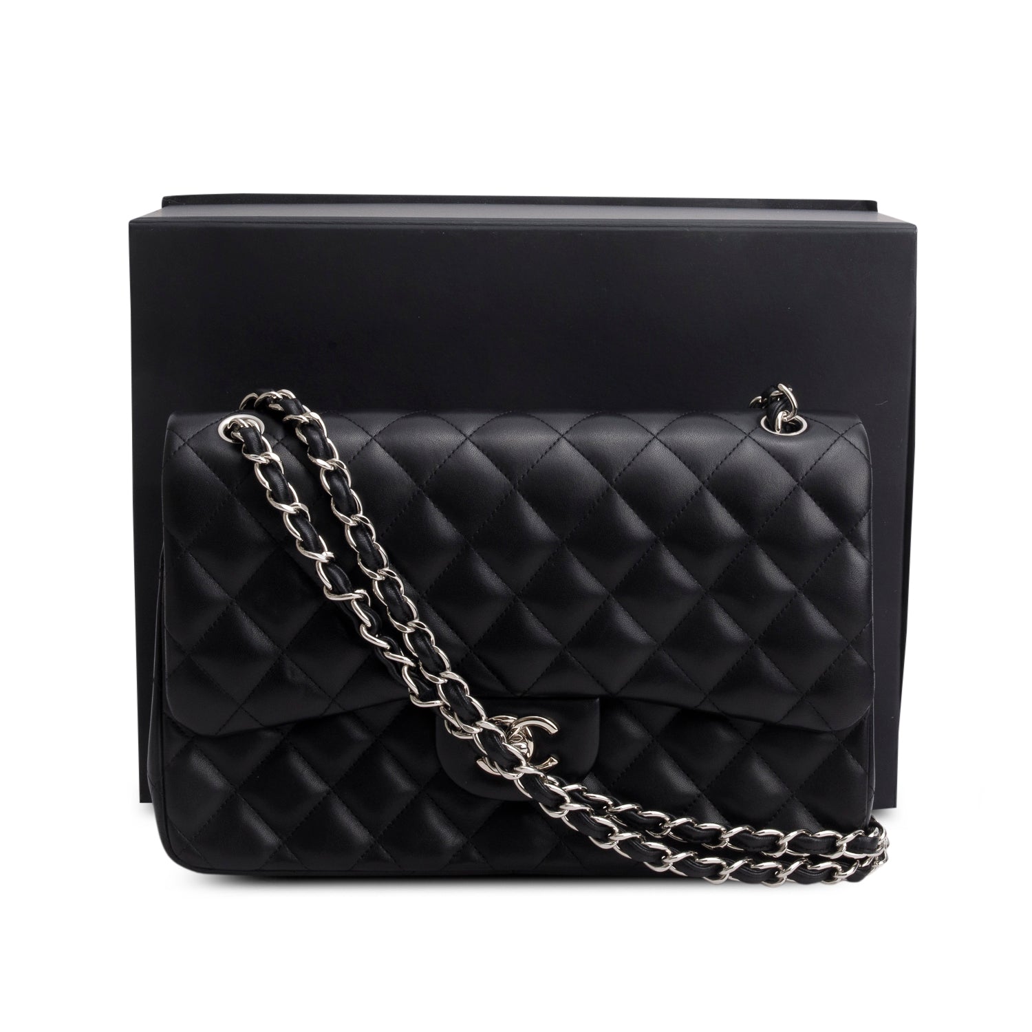 Chanel Black Quilted Lambskin Leather Classic Jumbo Double Flap Bag w/ Box & Authenticity Card