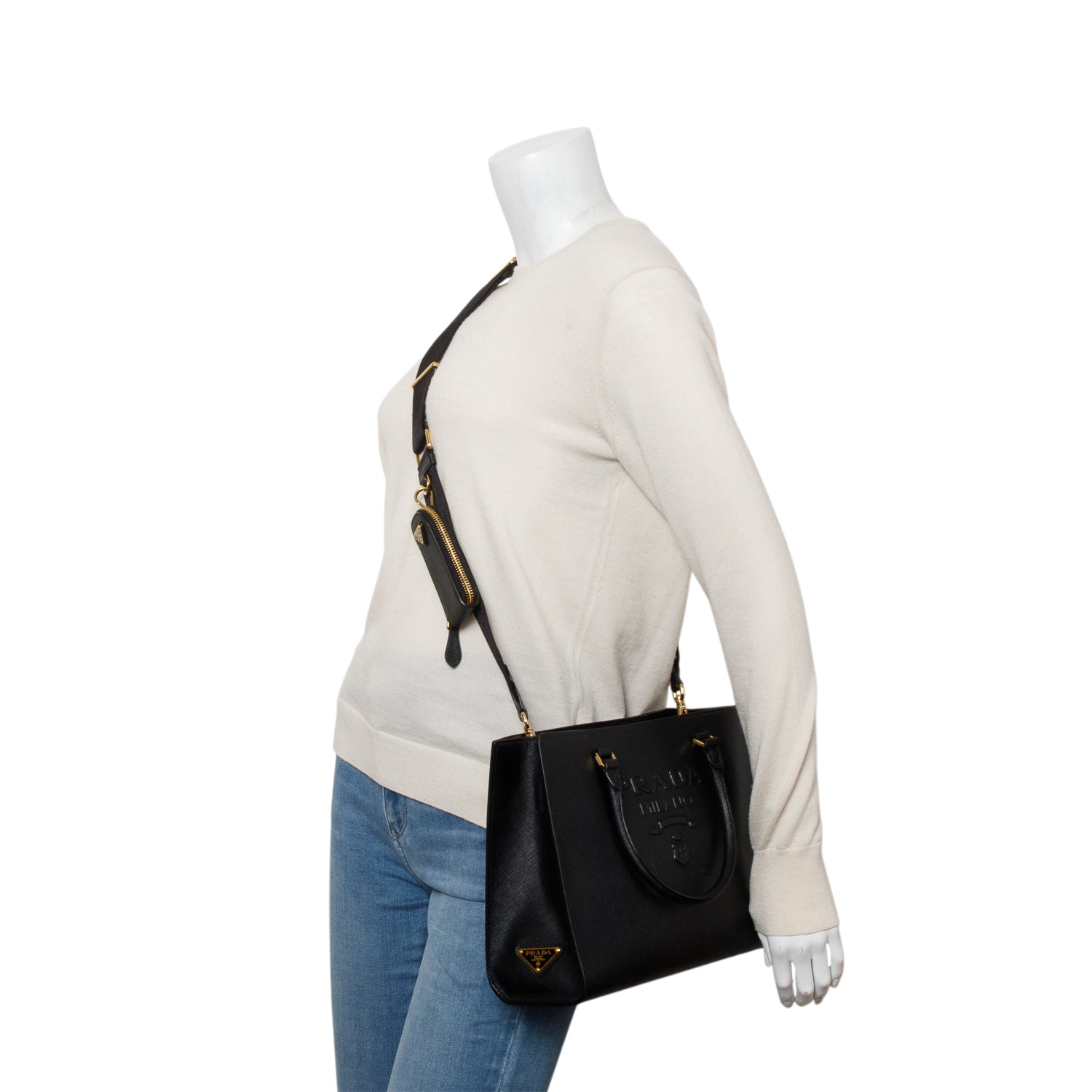 Prada 2022 Black Saffiano Lux Embossed Medium Tote w/ Authenticity Card, Strap & Pouch