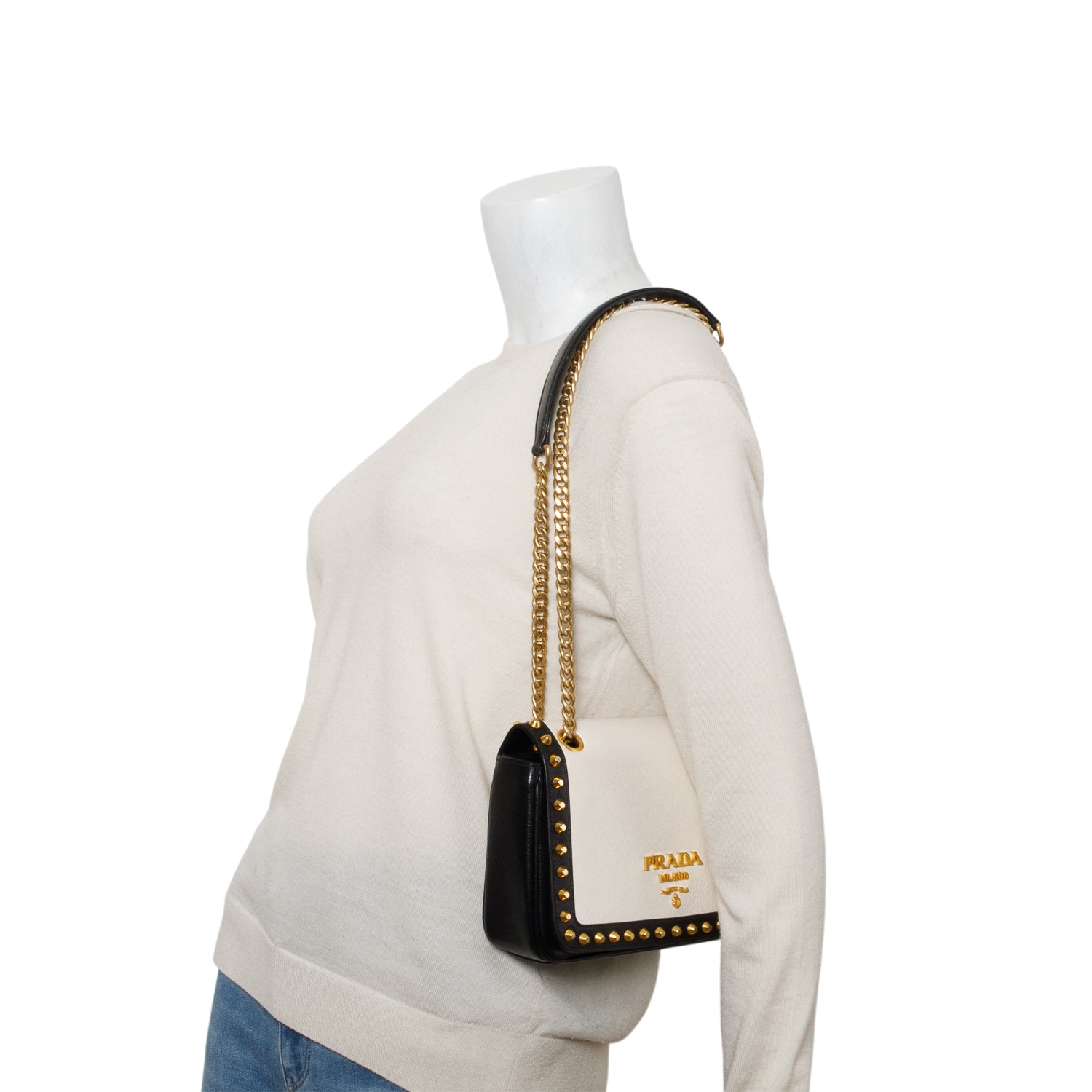 Prada 2023 Black/White Glace Calf Leather Studded Camera Crossbody Bag w/ Receipt