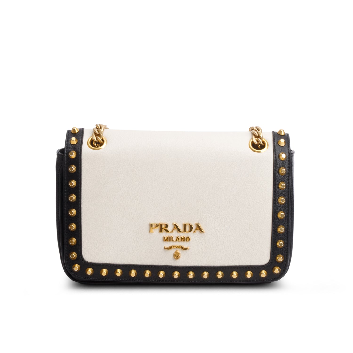 Prada 2023 Black/White Glace Calf Leather Studded Camera Crossbody Bag w/ Receipt