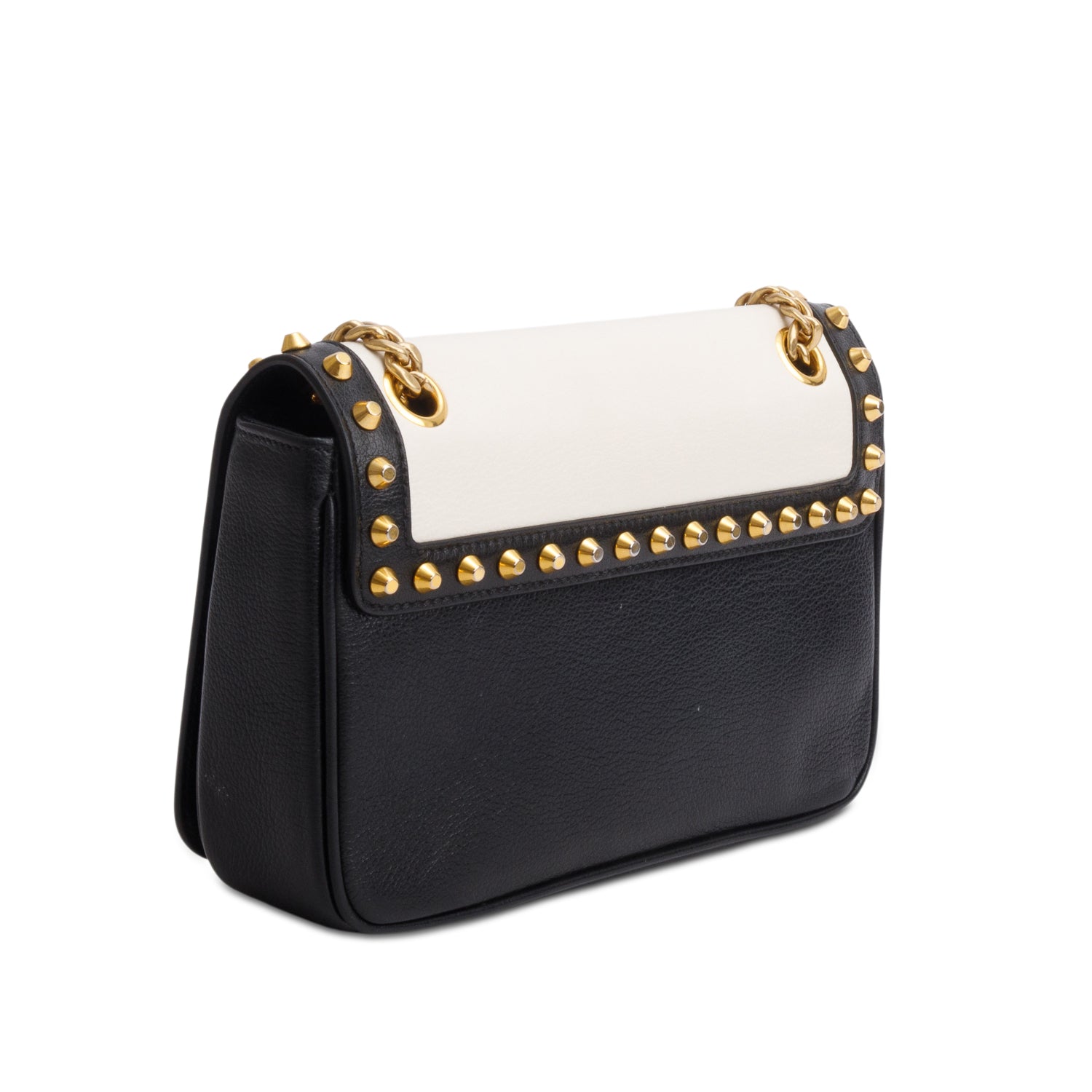 Prada 2023 Black/White Glace Calf Leather Studded Camera Crossbody Bag w/ Receipt