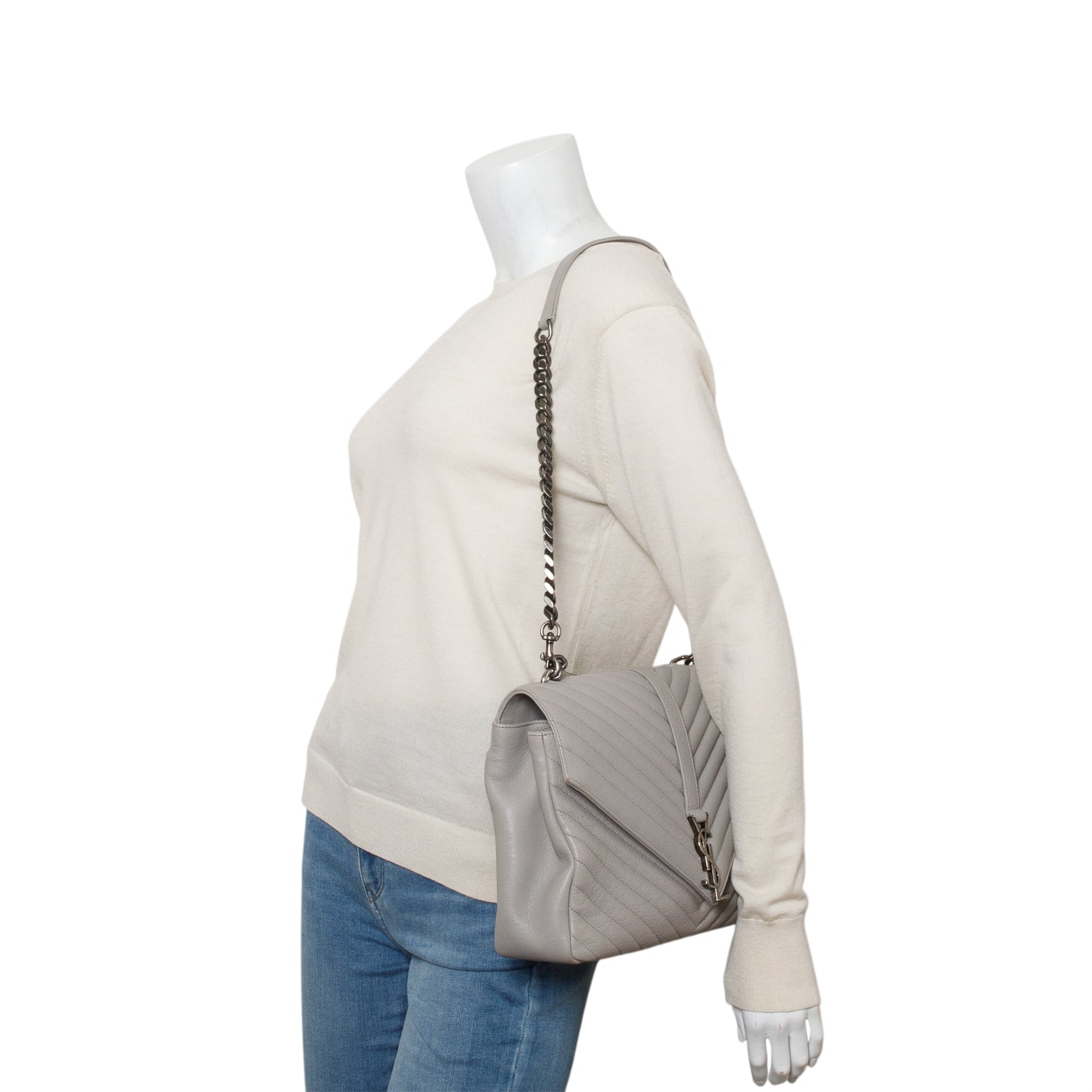 Saint Laurent Grey Sheepskin Matelasse Chevron Monogram Large College Satchel