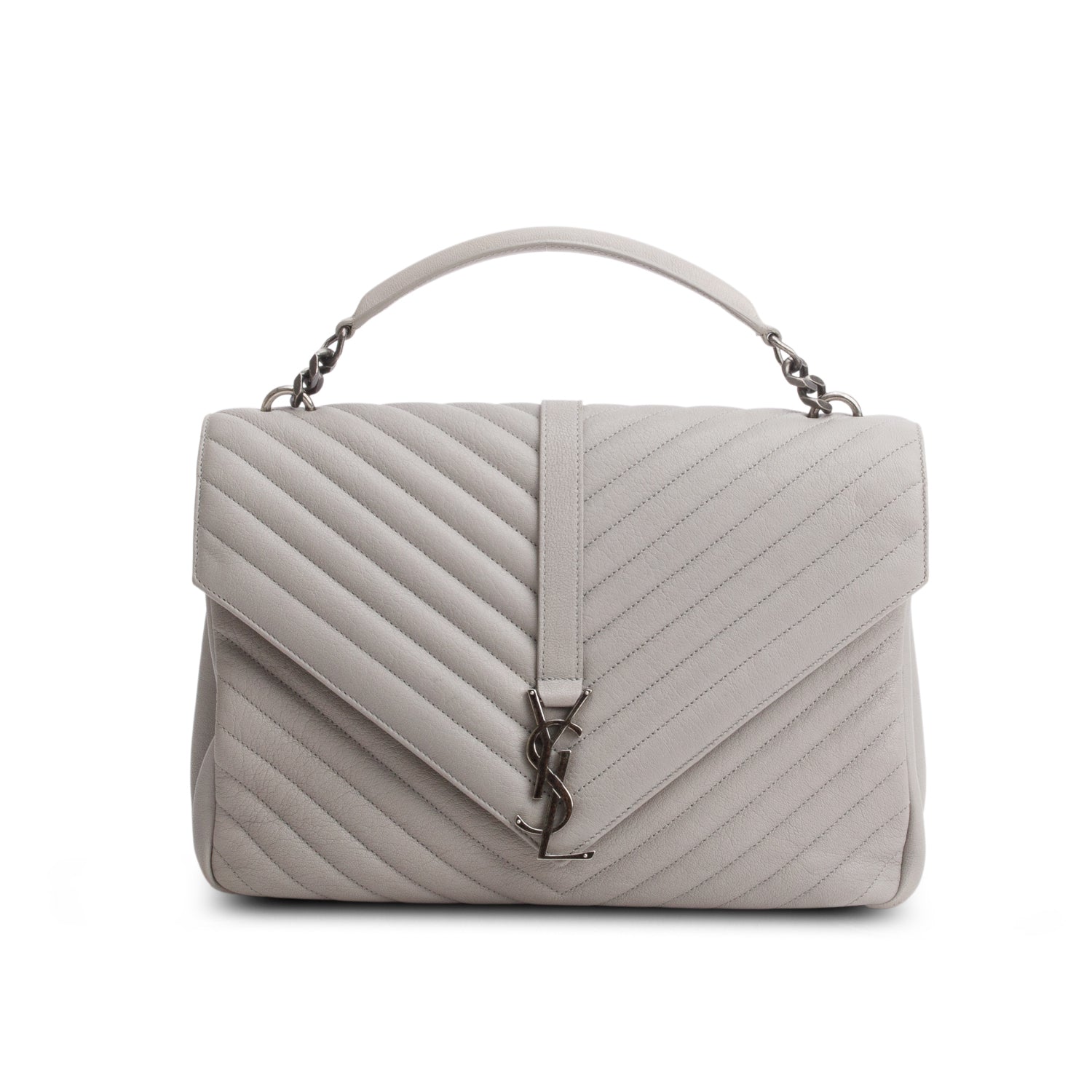 Saint Laurent Grey Sheepskin Matelasse Chevron Monogram Large College Satchel