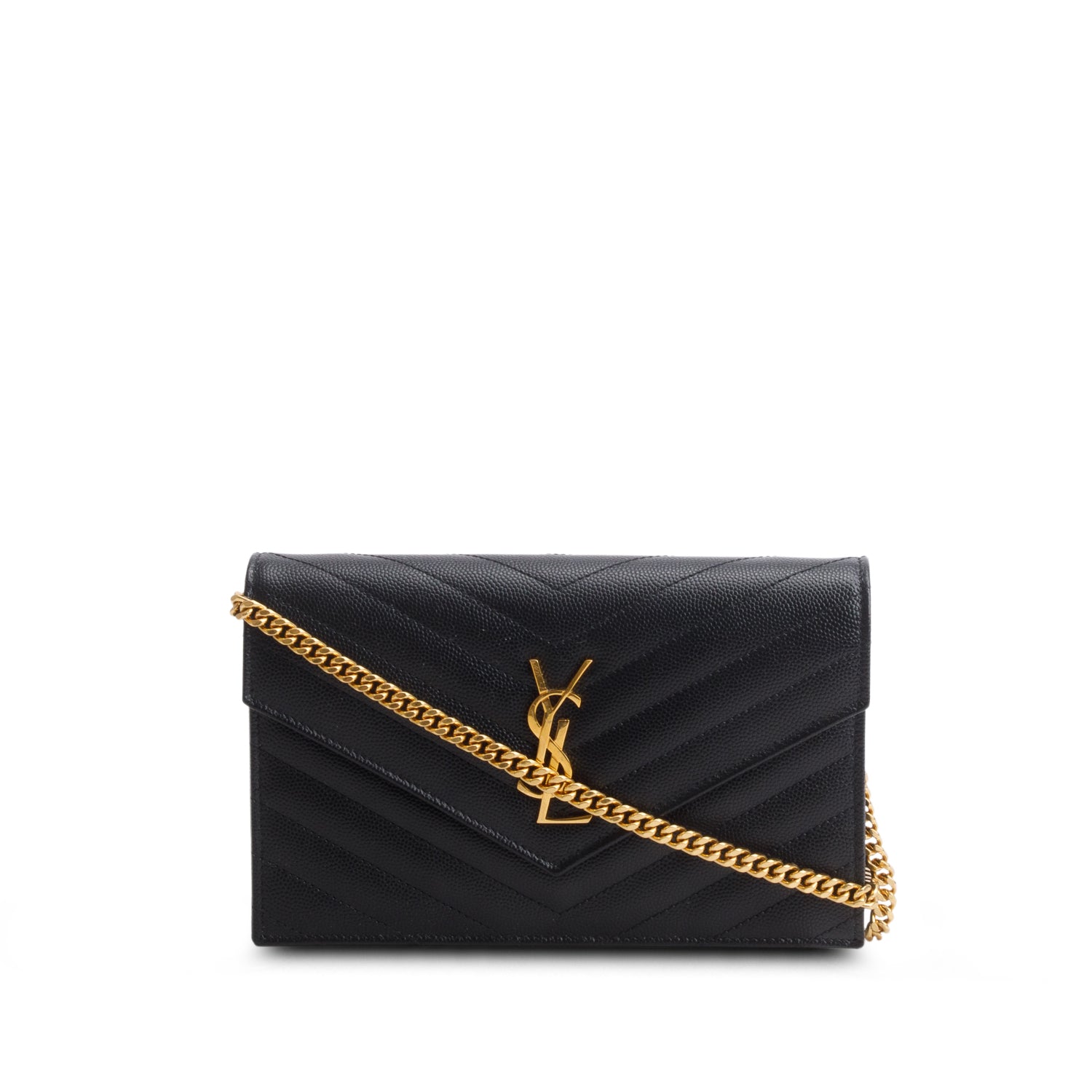 Saint Laurent 2024 Black Grain de Poudre Matelasse Chevron Monogram Chain Wallet w/ Box & Receipt
