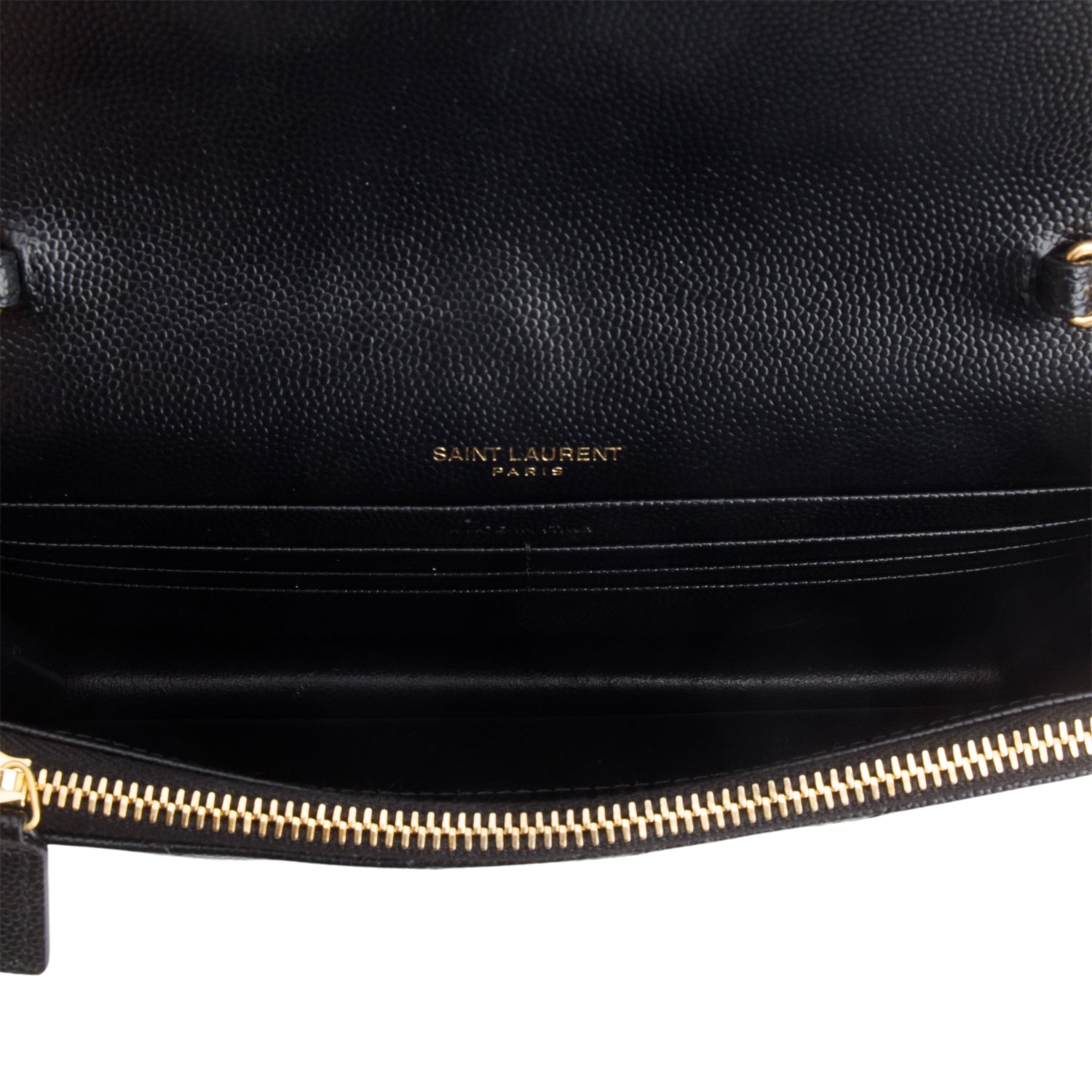 Saint Laurent 2024 Black Grain de Poudre Matelasse Chevron Monogram Chain Wallet w/ Box & Receipt