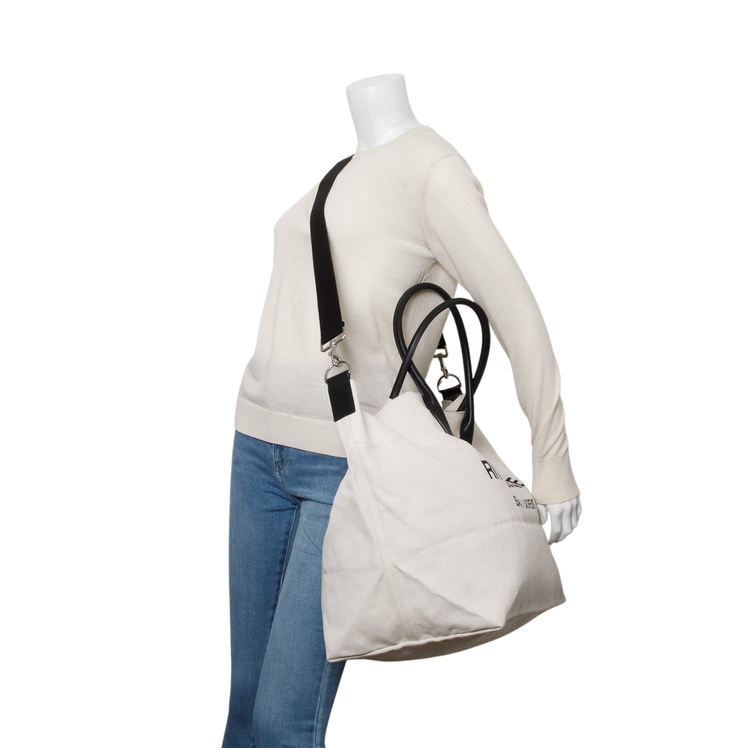 Saint Laurent 2022 Beige Linen Calfskin Rive Gauche Maxi Tote w/ Strap