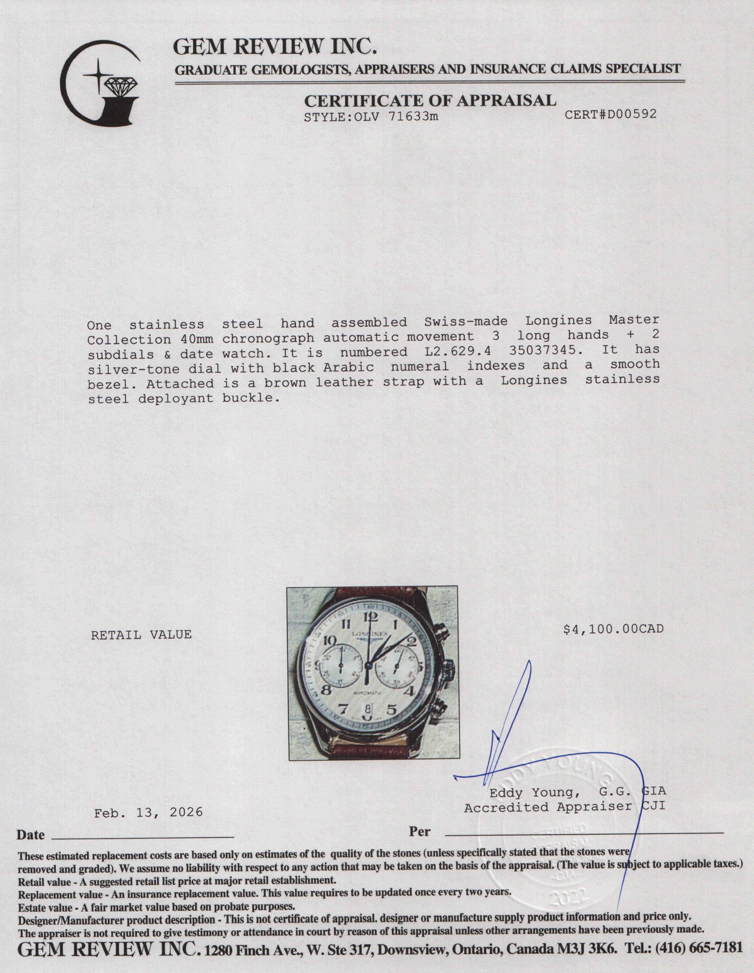 Longines Stainless Steel Master Collection 40 MM Chronograph Automatic Watch Silver Dial w/ Box & Papers