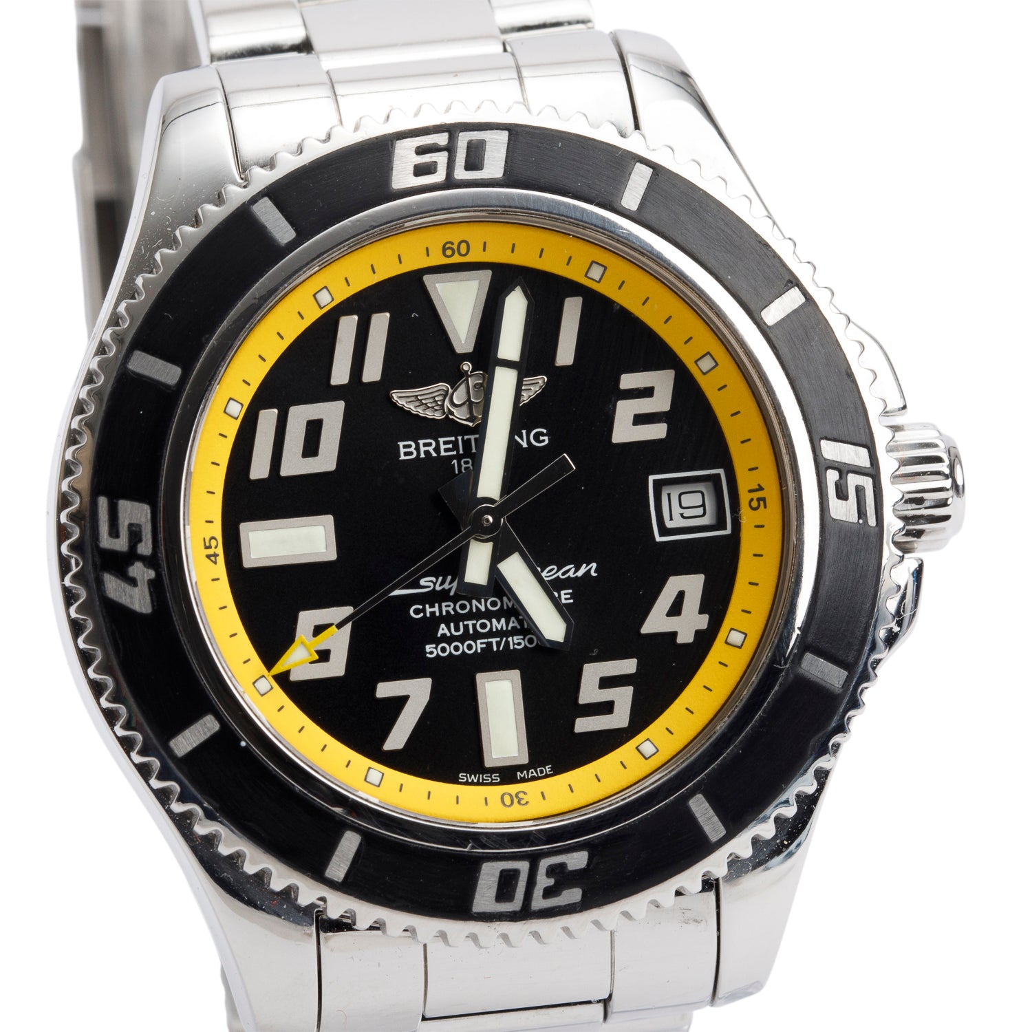 Breitling Stainless Steel Superocean 42 MM Automatic Watch Black & Yellow Dial A17364 w/ Case & Papers