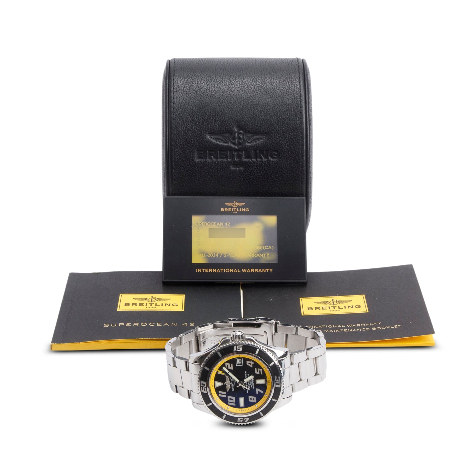 Breitling Stainless Steel Superocean 42 MM Automatic Watch Black & Yellow Dial A17364 w/ Case & Papers