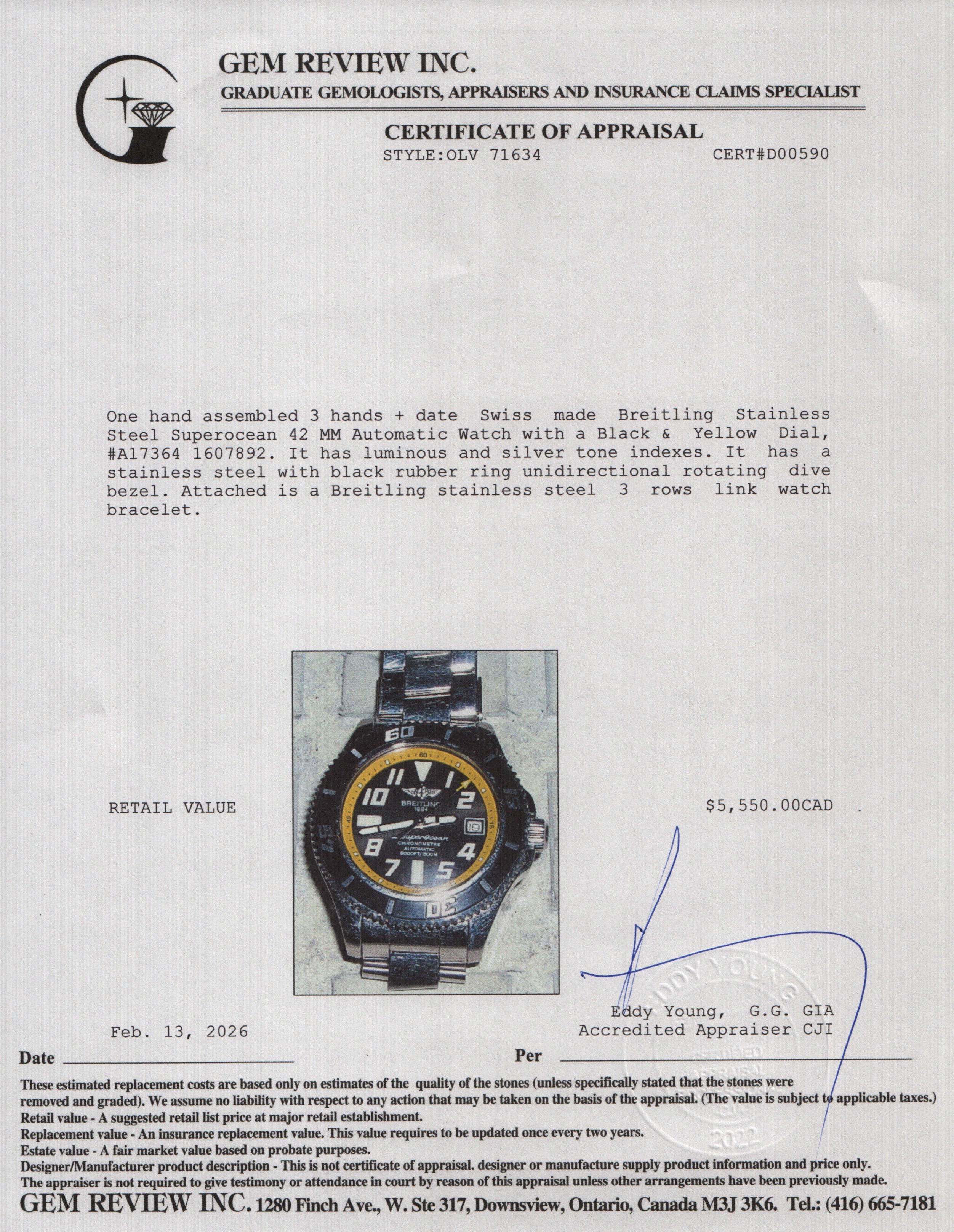 Breitling Stainless Steel Superocean 42 MM Automatic Watch Black & Yellow Dial A17364 w/ Case & Papers