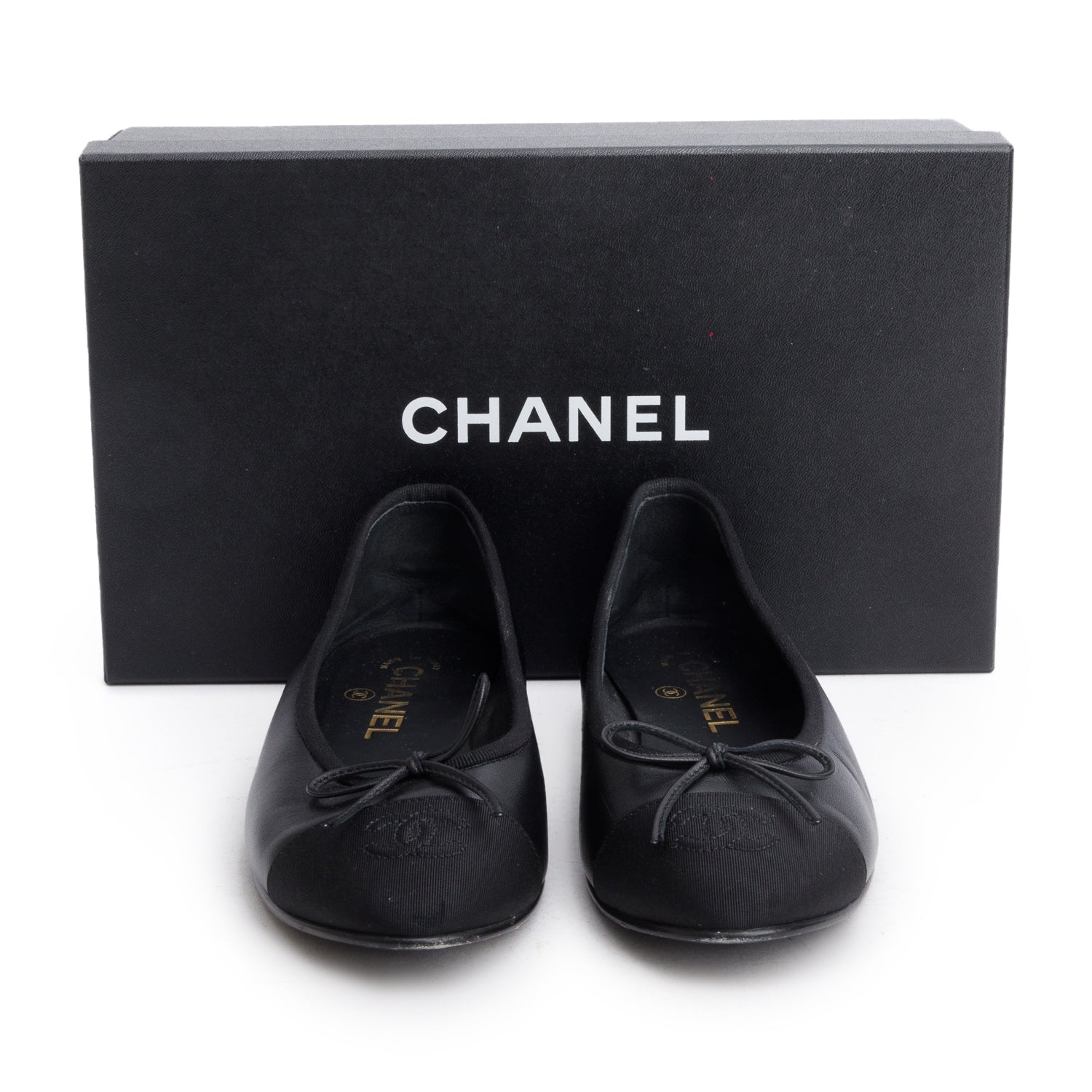 Chanel Black Lambskin CC Cap Toe Ballerina Flats, Women's Size 37 w/ Box