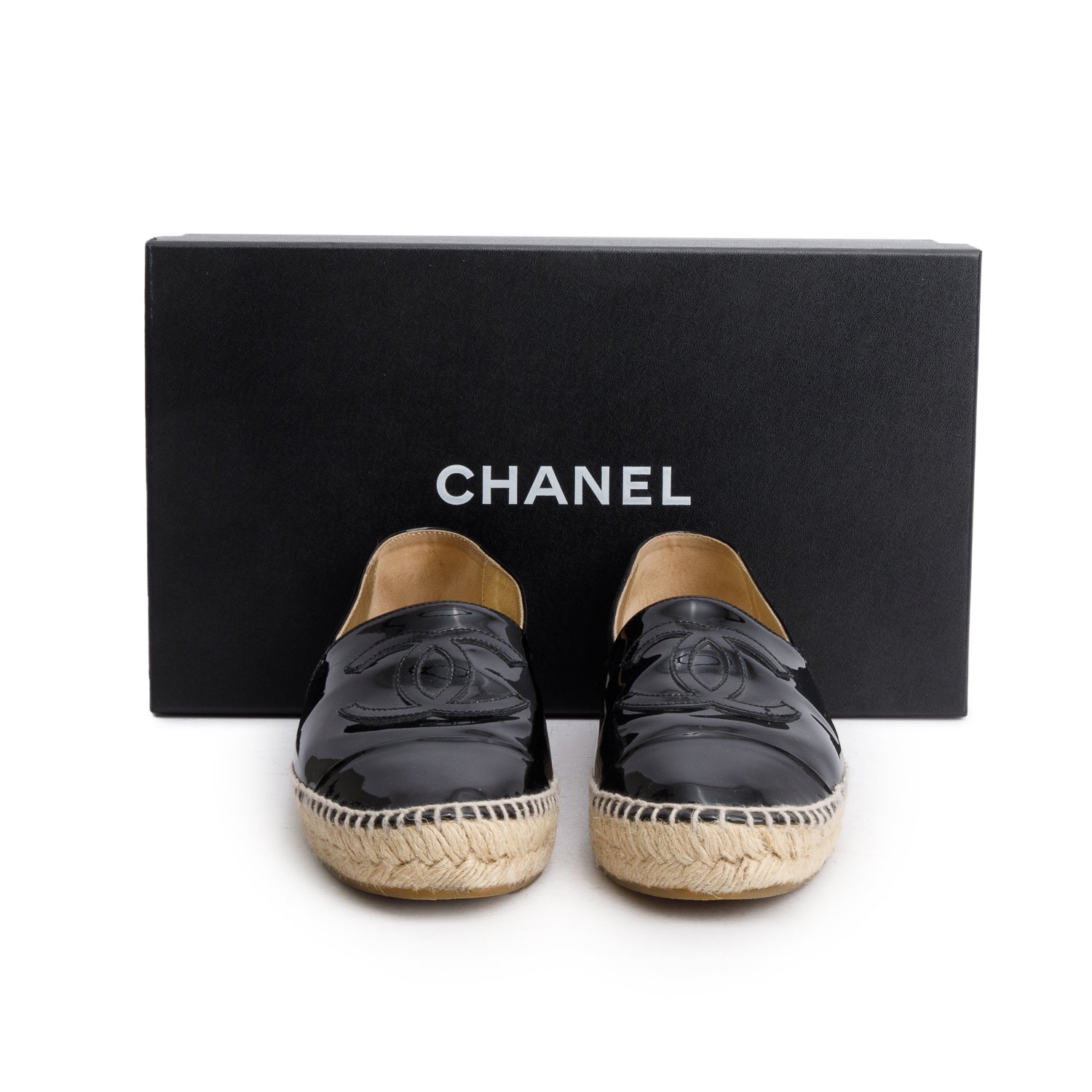 Chanel Black Patent Leather CC Espadrilles, Women's Size 37 w/ Box