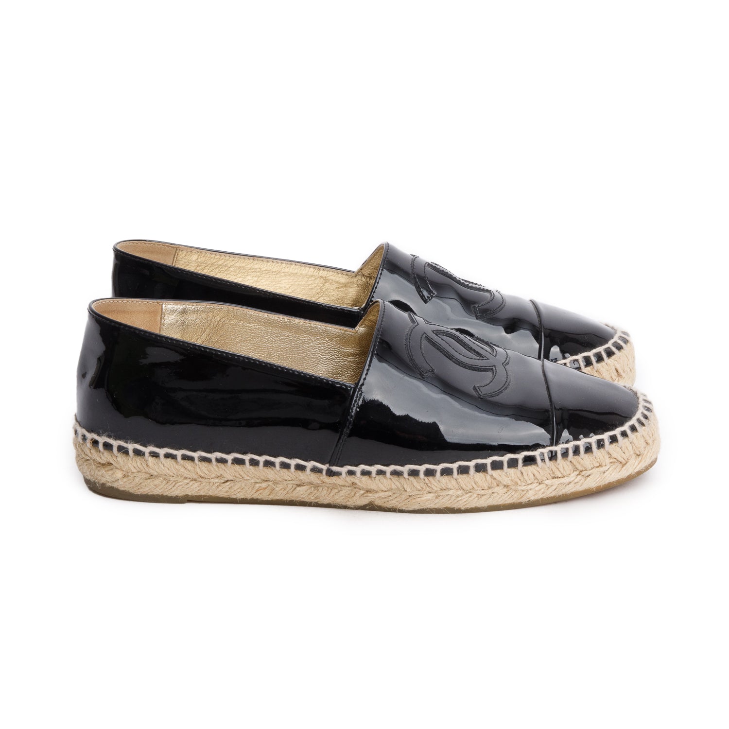 Chanel Black Patent Leather CC Espadrilles, Women's Size 37 w/ Box